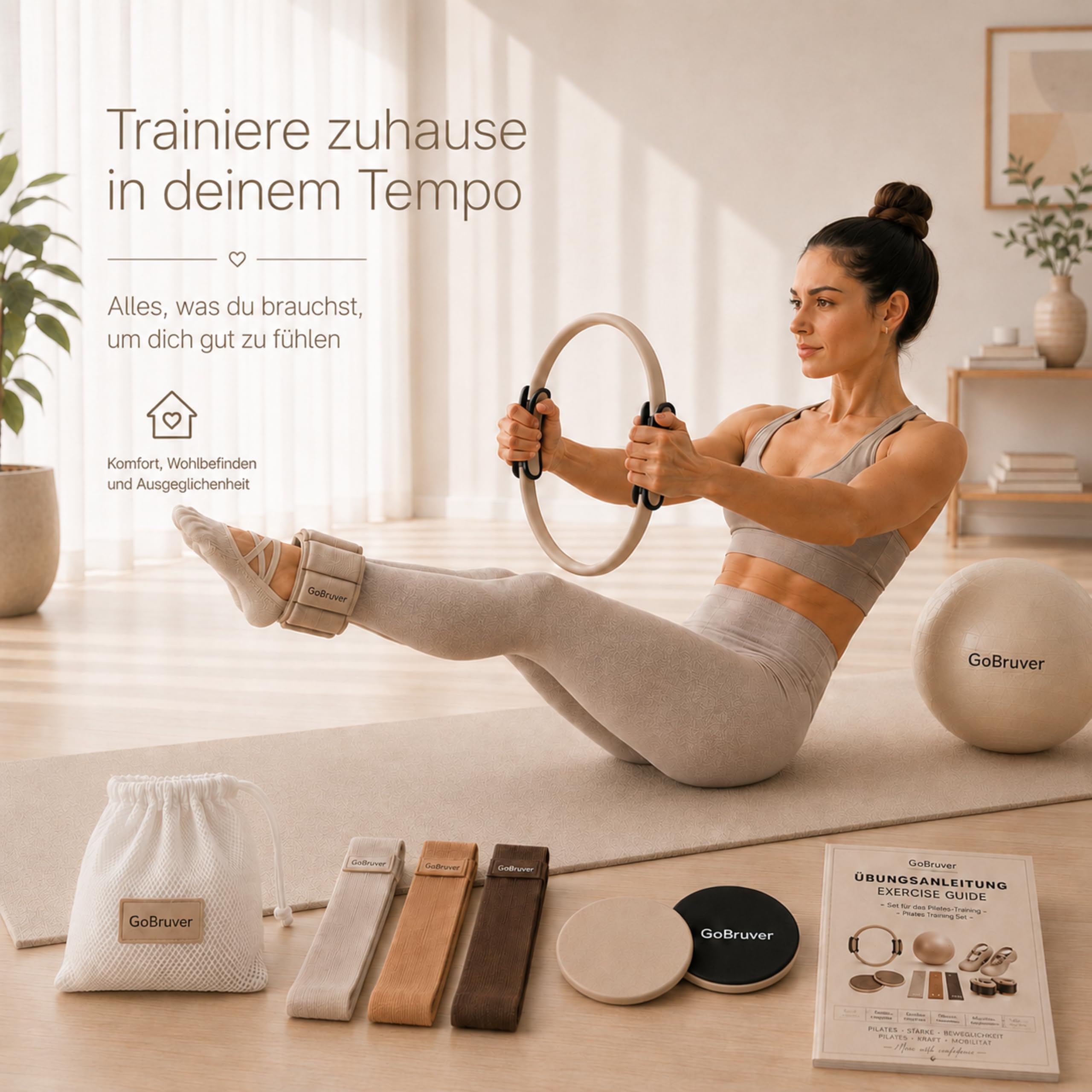 Pilates Set für Zuhause, Fitness Set mit Pilates Ring, Gewichtsmanschetten, Fitnessbändern, Pilates Ball, Gleitscheiben, Pilates Socken & Widerstandsbändern
