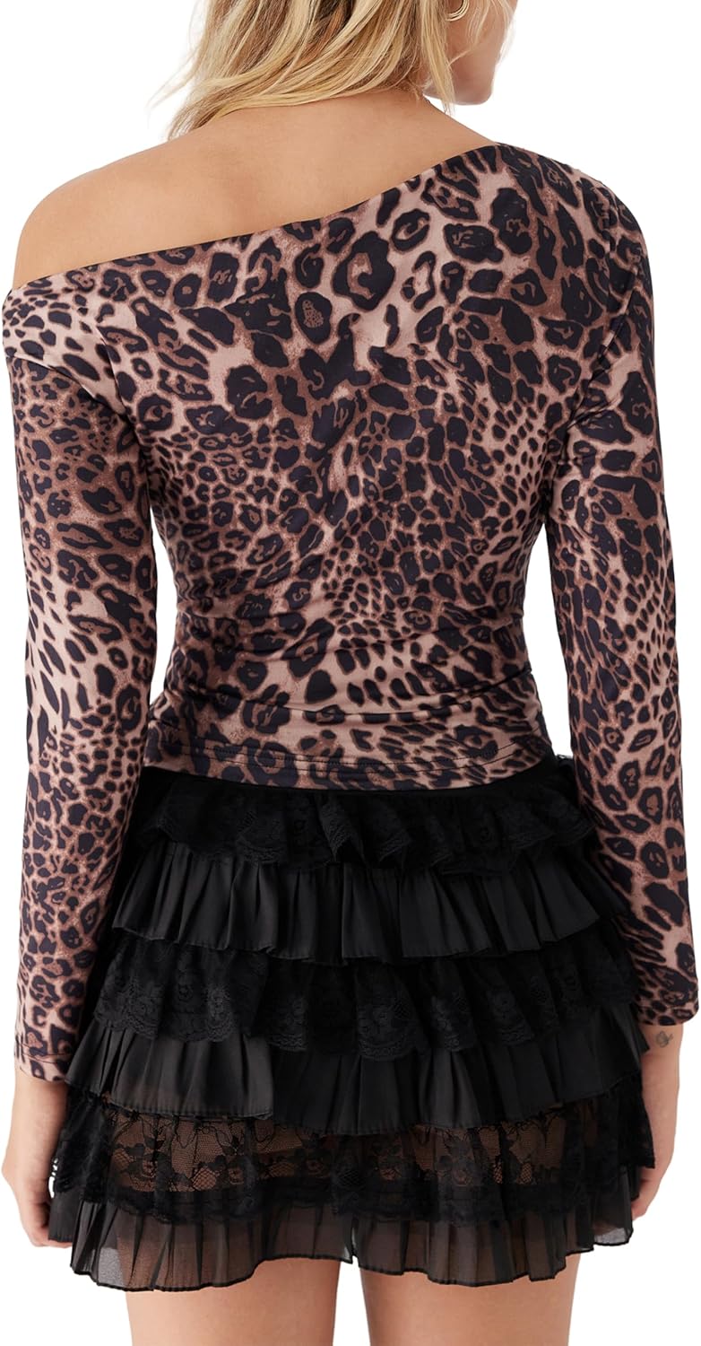 CIDER Womens Leopard Print Going Out Off Shoulder Casual Long Sleeve Pullover Slim Fit Top Fall Trendy - Image 5
