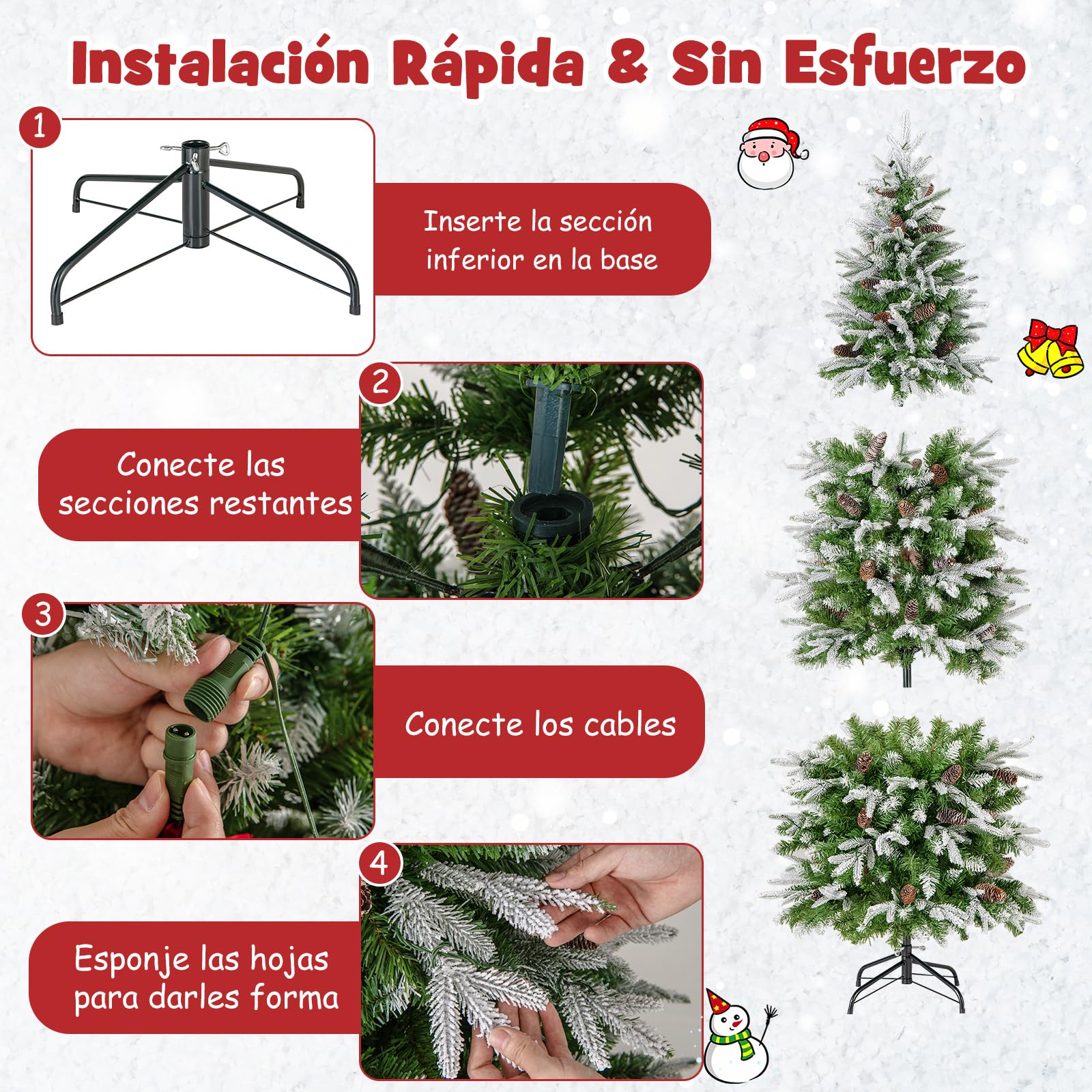 COSTWAY Arbol de Navidad Nevado 190 cm, 280 Luces Incorporadas, Arbol de Navidad Slim/Estrecho, 671 Ramas de PVC y PE, 60 Piñas, Arvore de Natal Hogar Oficina Fiesta (190cm)