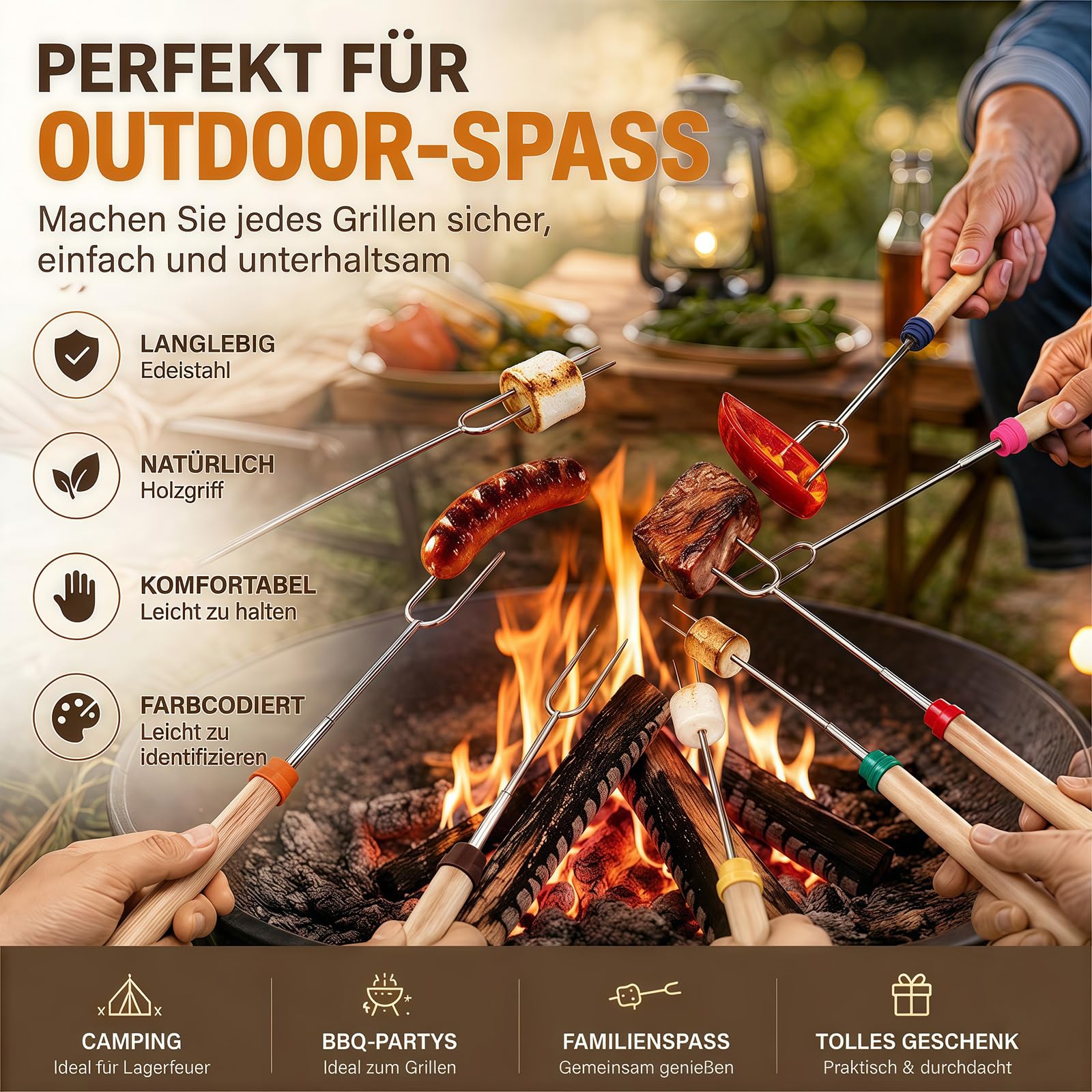 8 Stück Grillspieße Edelstahl, 31-81cmTeleskop Marshmallow Bratstäbe, Roasting Sticks, Lagerfeuer Spieße Lang mit isolierten Griffen für Camping,Gartenparty, Grillparty