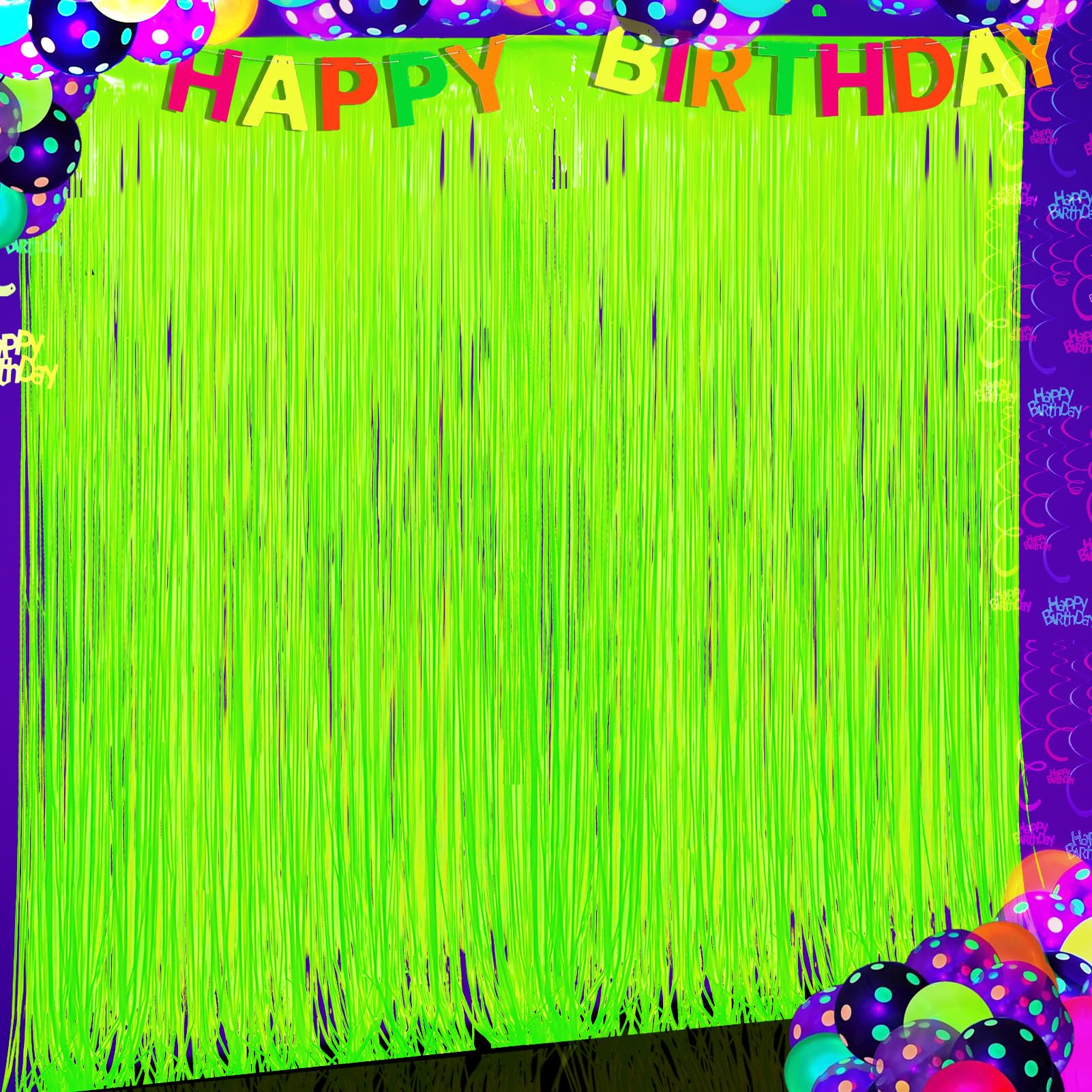 Glow in The Dark Party Supplies 2 Pack Neon Party Decorations Fluorescent Tinsel Foil Fringe Curtains Photo Booth Prop Backdrop Streamer Blacklight