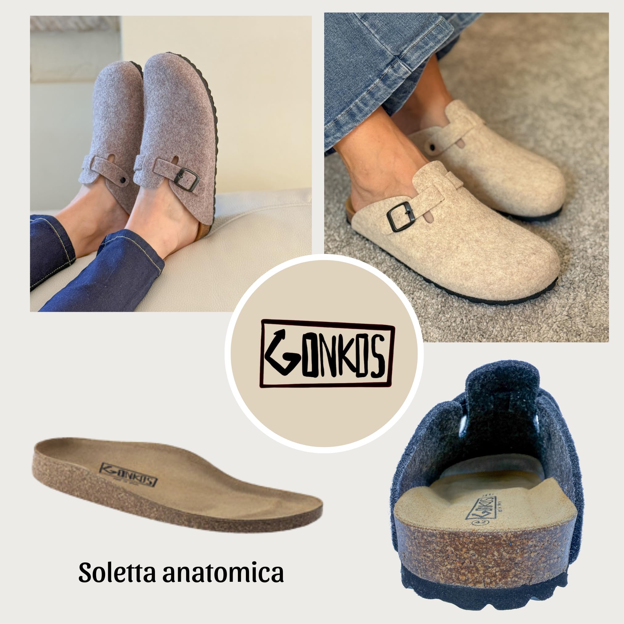 Pantofole in Feltro di Lana, Soletta Anatomica in Sughero Naturale e Pelle Scamosciata, Zoccoli di Feltro, Pantofole Uomo Donna, Sabot Uomo Donna,Confortevoli e calde di Qualità,Made in Spain