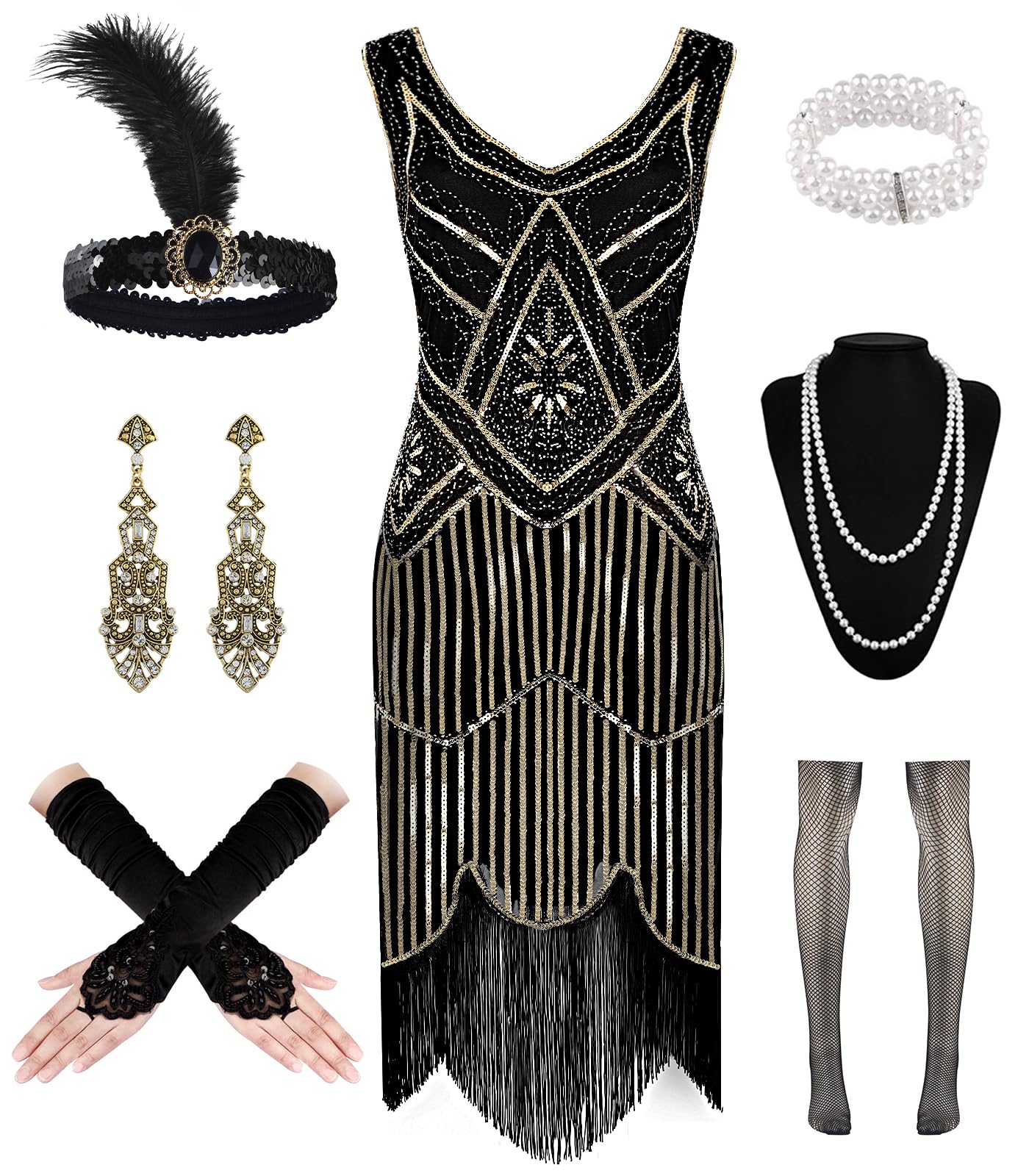 WILDPARTY Robe garçonne des années 1920 avec col en V et franges et accessoires des années folles