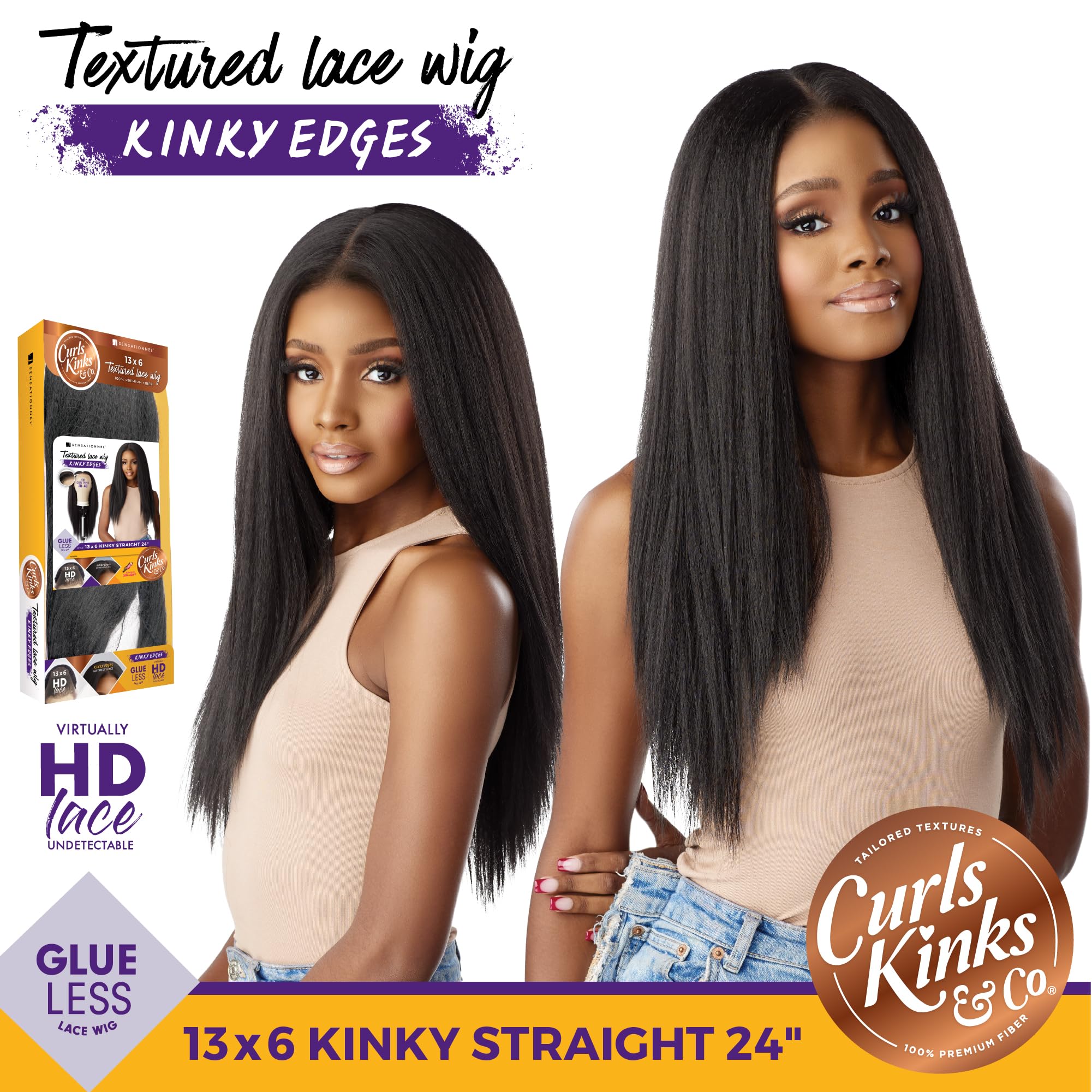 Sensationnel CKCO Kinky Edge - Parrucca in pizzo con bordo crespo dritto da 61 cm, senza colla, 61 cm (1 JETBLACK)