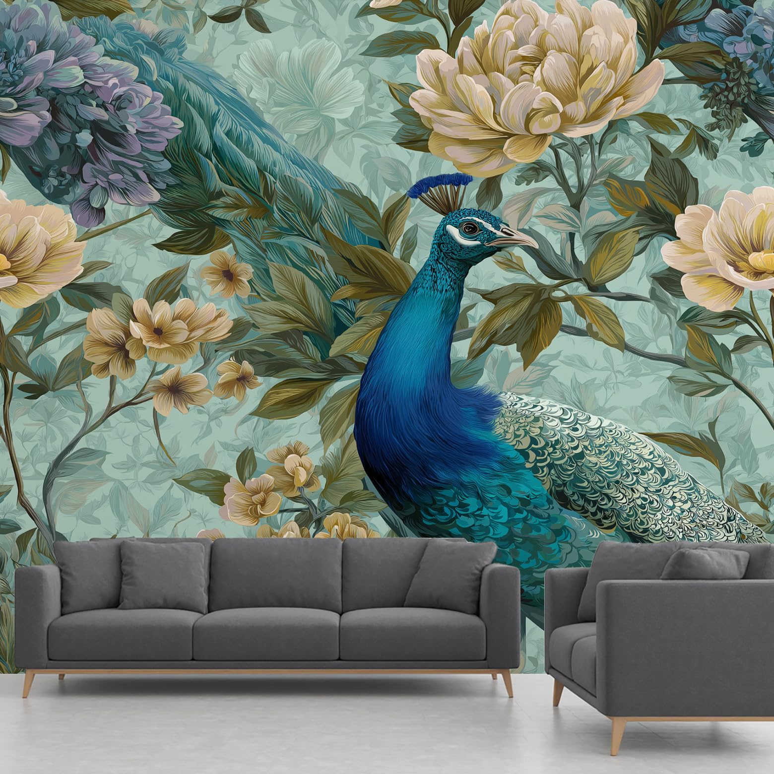 Papier peint panoramique pivoine et paon style chinois intissé pour grand mur salon 250x352cm