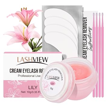 LASHVIEW Eyelash Extension Remover Cream Gentle Lily Formula, Lash Removal Kit with Eye Patches & Cotton Swabs10g