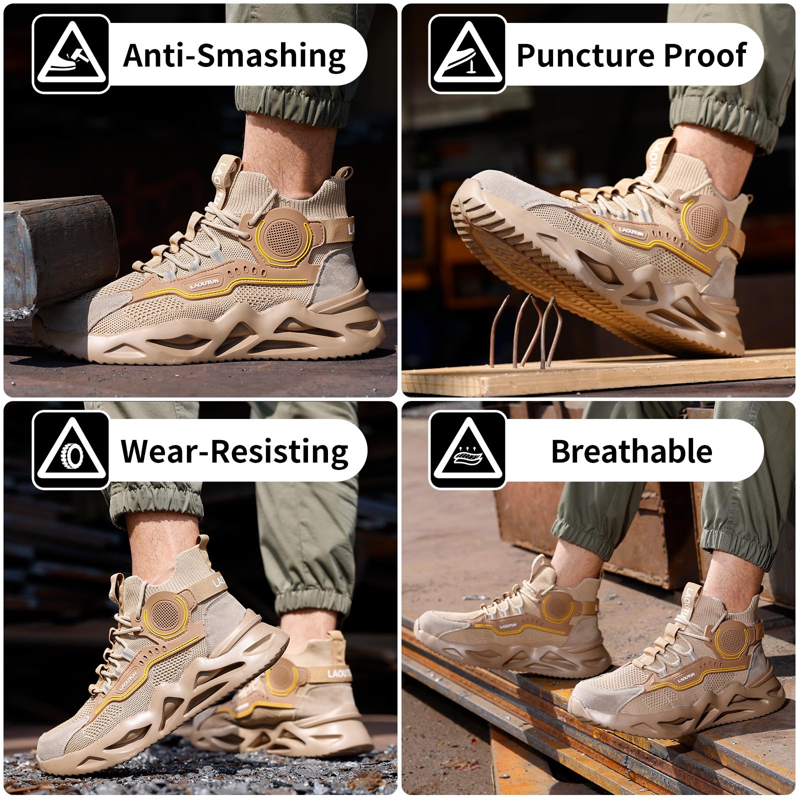LAoutun Zapatillas de seguridad cómodas con puntera de acero, zapatos de seguridad para hombre, botas de trabajo ligeras para hombre, zapatos de trabajo de protección industrial, color negro oscuro
