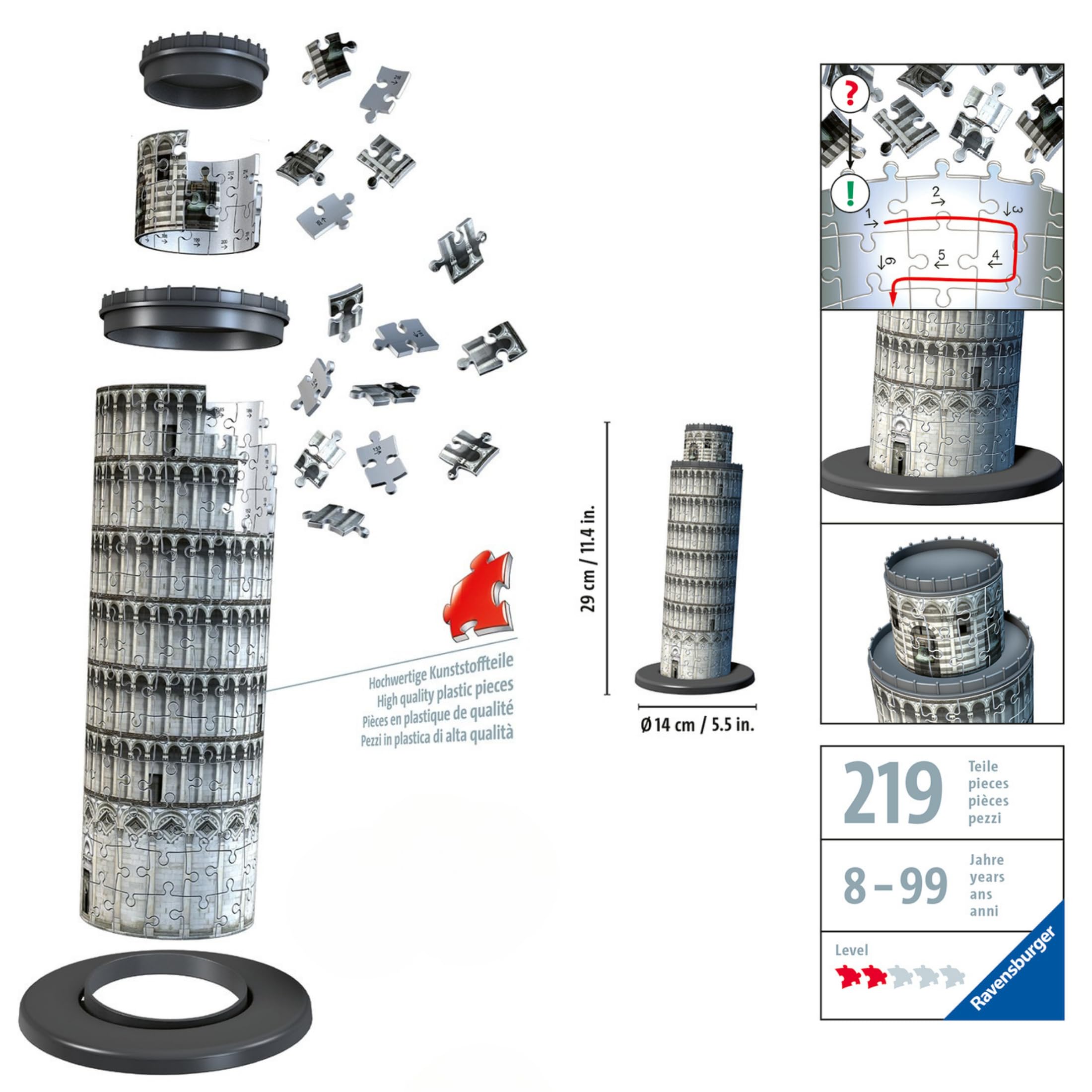 Ravensburger - Puzzle 3d Adultos Torre De Pisa | Puzzles 3d Para Adultos Y Niños De 10 Años O Más | Maquetas Para Montar De 216 Piezas | Regalos Niños 10 Años O Más