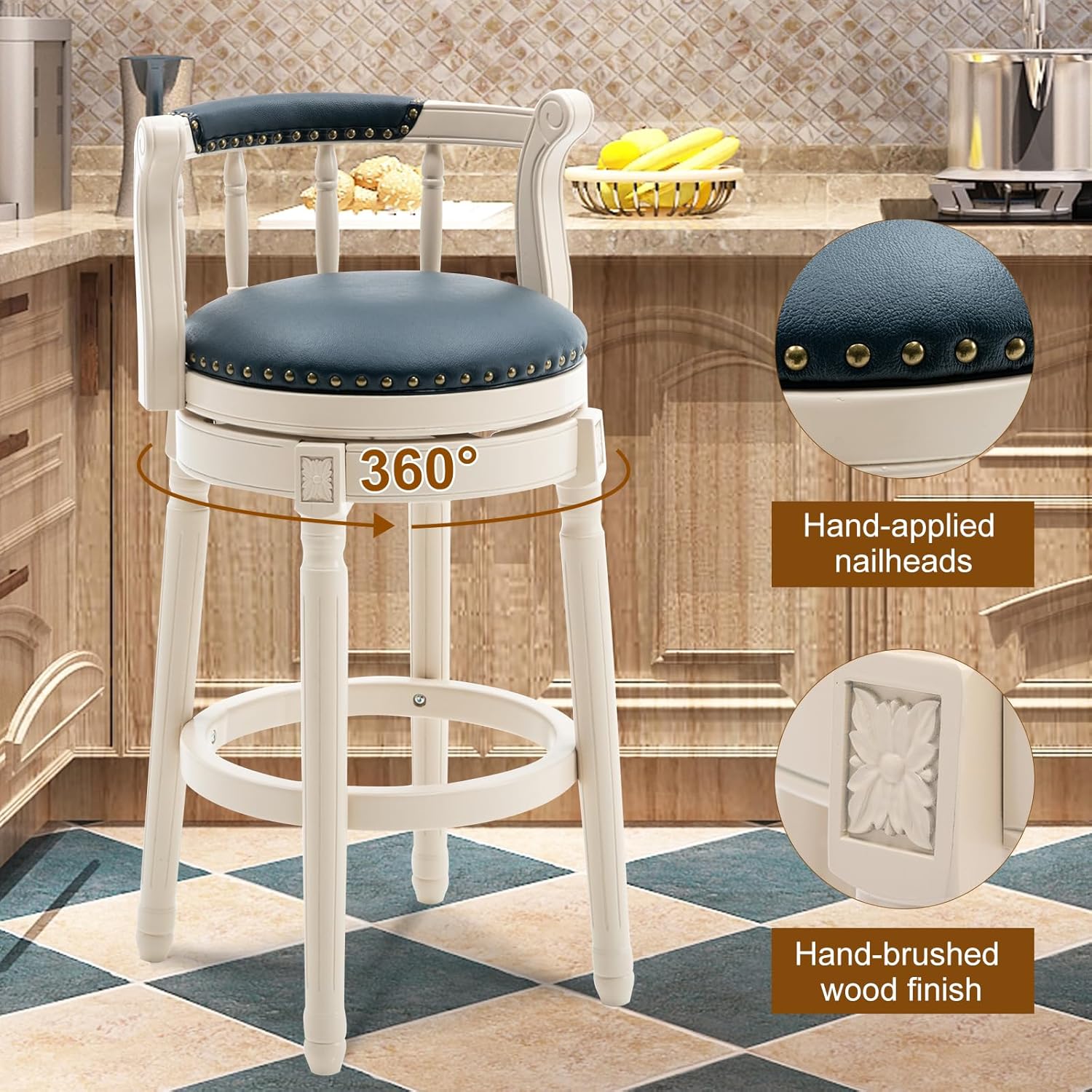 RAINMOOD Bar Stools,Genuine Leather Bar Height Counter Stool Wooden Swivel barchair with Footrest for Kitchen Dining Room Living Room