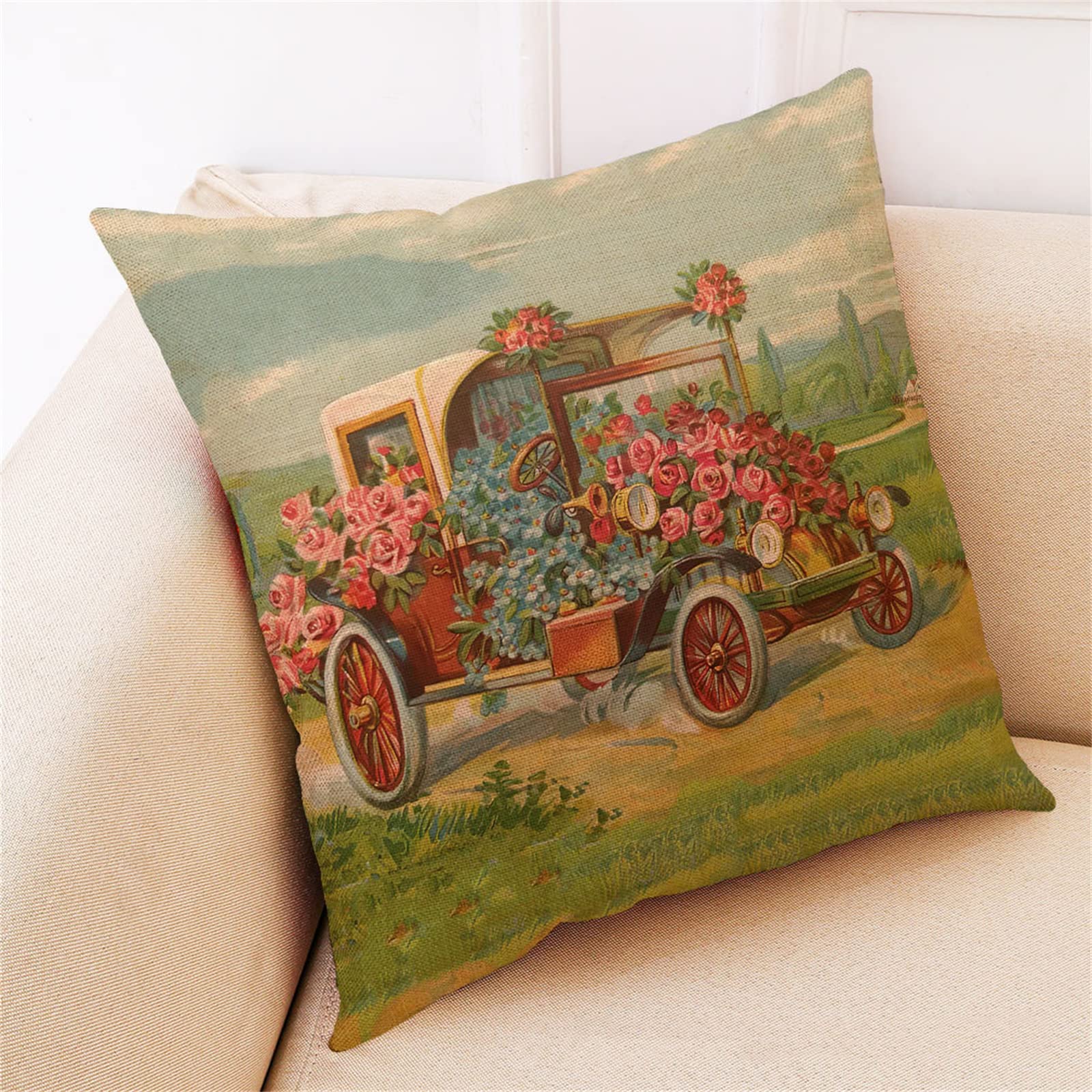 4 sztuki dekoracyjnych poszewek na poduszki, 55 x 55 cm, nowoczesna dwustronna poszewka na poduszkę do ogrodu na zewnątrz patio ławka salon sofa dekoracja domu poszewka retro samochód kwiat 56 x 55 cm