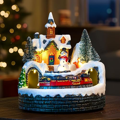 Miniatura 11 de Figura de muñeco de nieve iluminada para aldea navideña con tren animado giratorio - Adornos de muñeco de nieve con batería o USB, luces LED