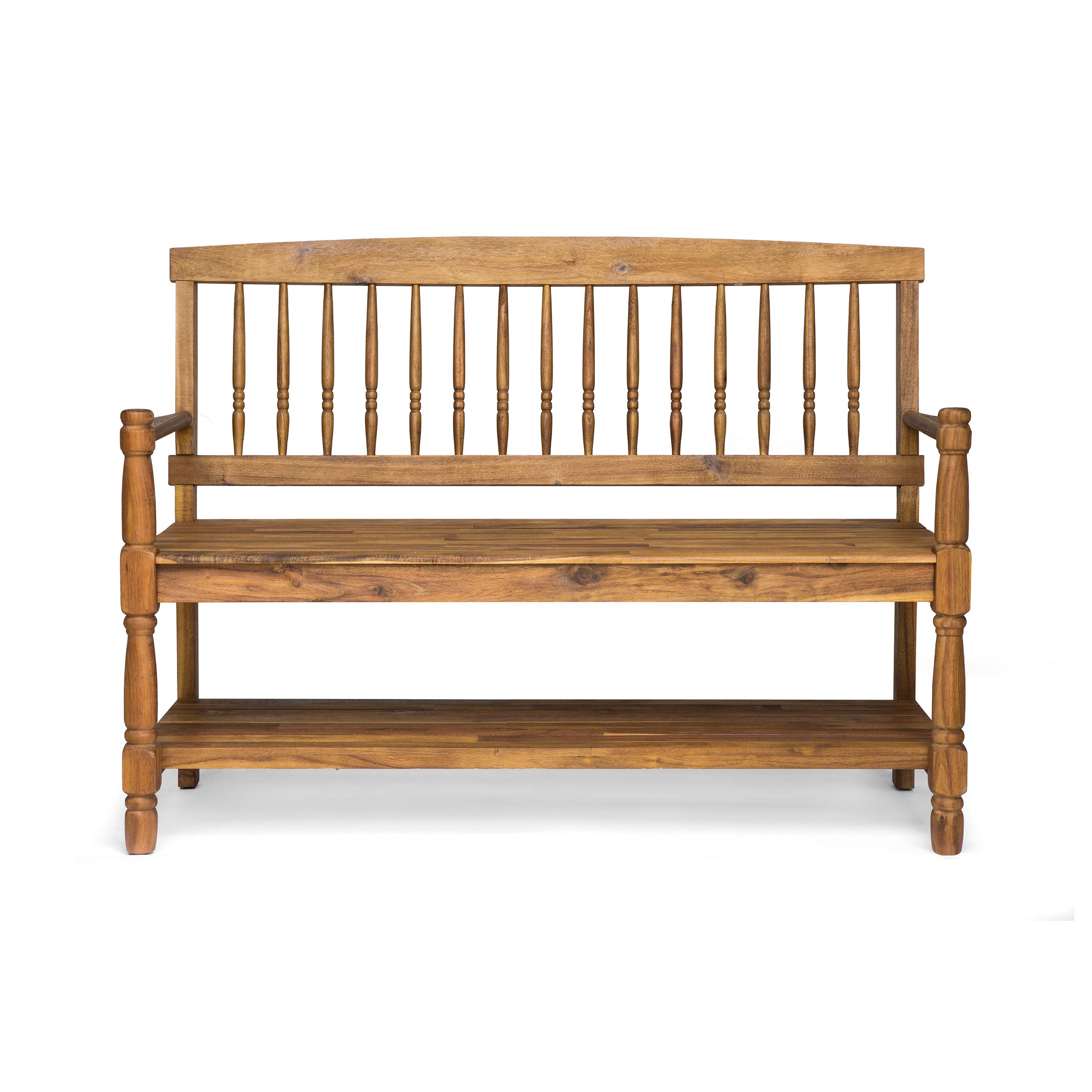 Christopher Knight Home Eddie Indoor Farmhouse Acacia Wood Bench with Shelf, Teak Finish