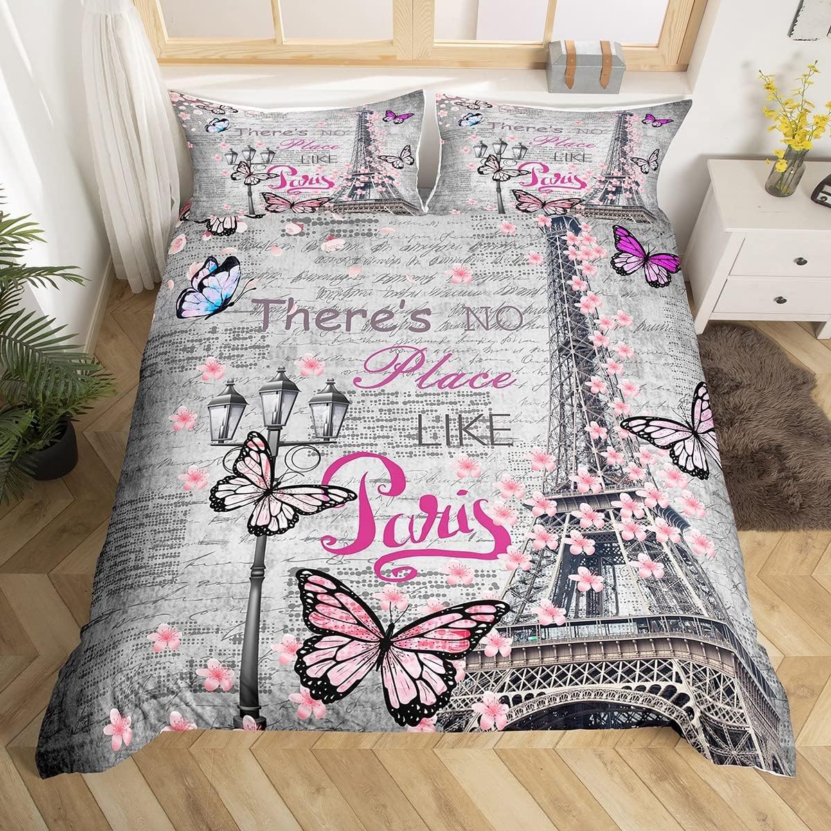 Parure de lit double Tour Eiffel housse de couette enfants filles rose fleurs