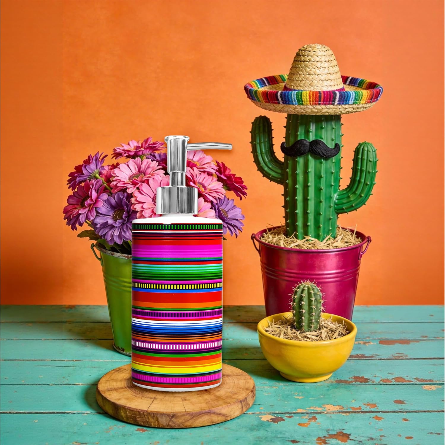 Mexican Fiesta Soap Dispenser Colorful Stripe Glass Dispenser with Silver Pump Refillable Liquid Soap Container for Cinco De Mayo Home Bathroom Countertop image 3