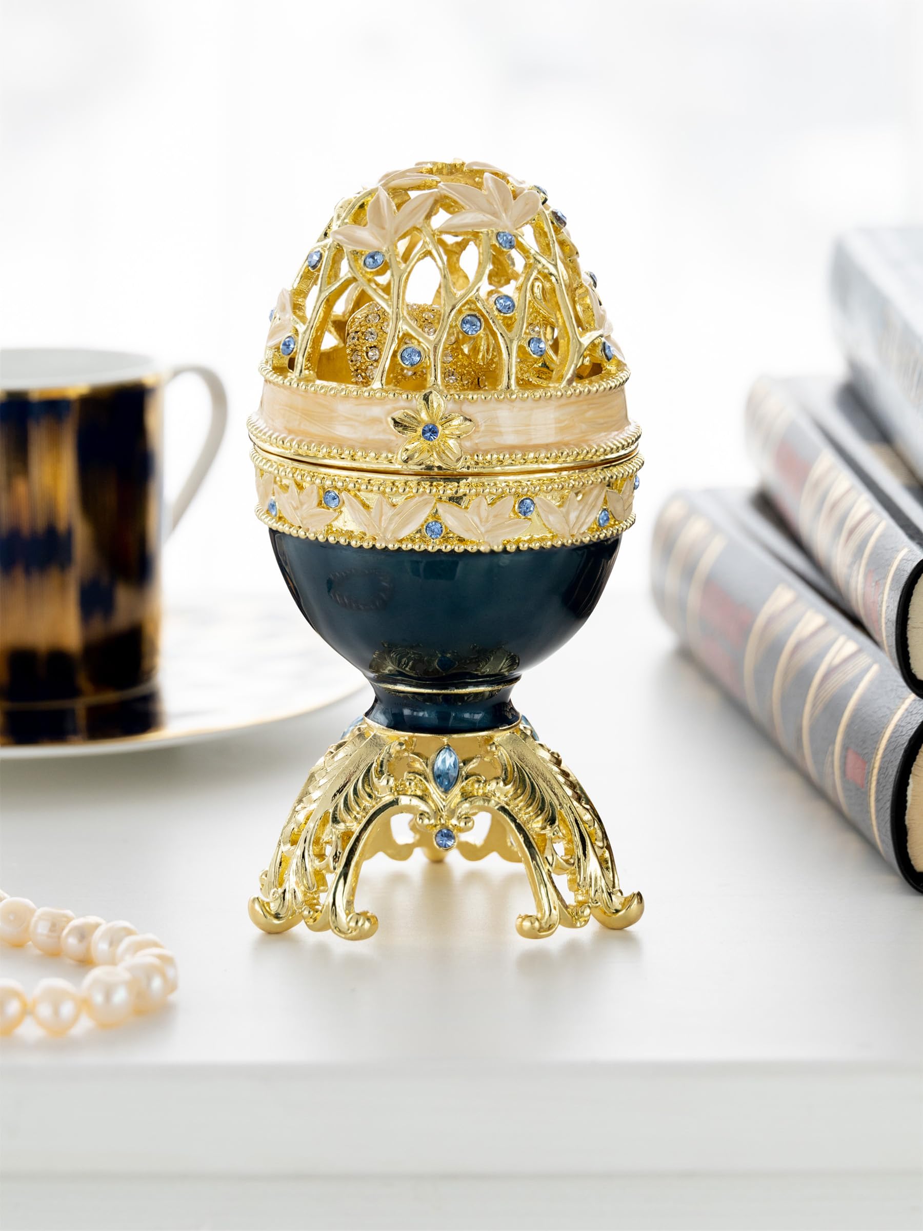 Keren Kopal Huevo de Fabergé azul con elefante dorado y cristales en el interior: estilo Fabergé con cristales para coleccionistas, decoradores o entusiastas