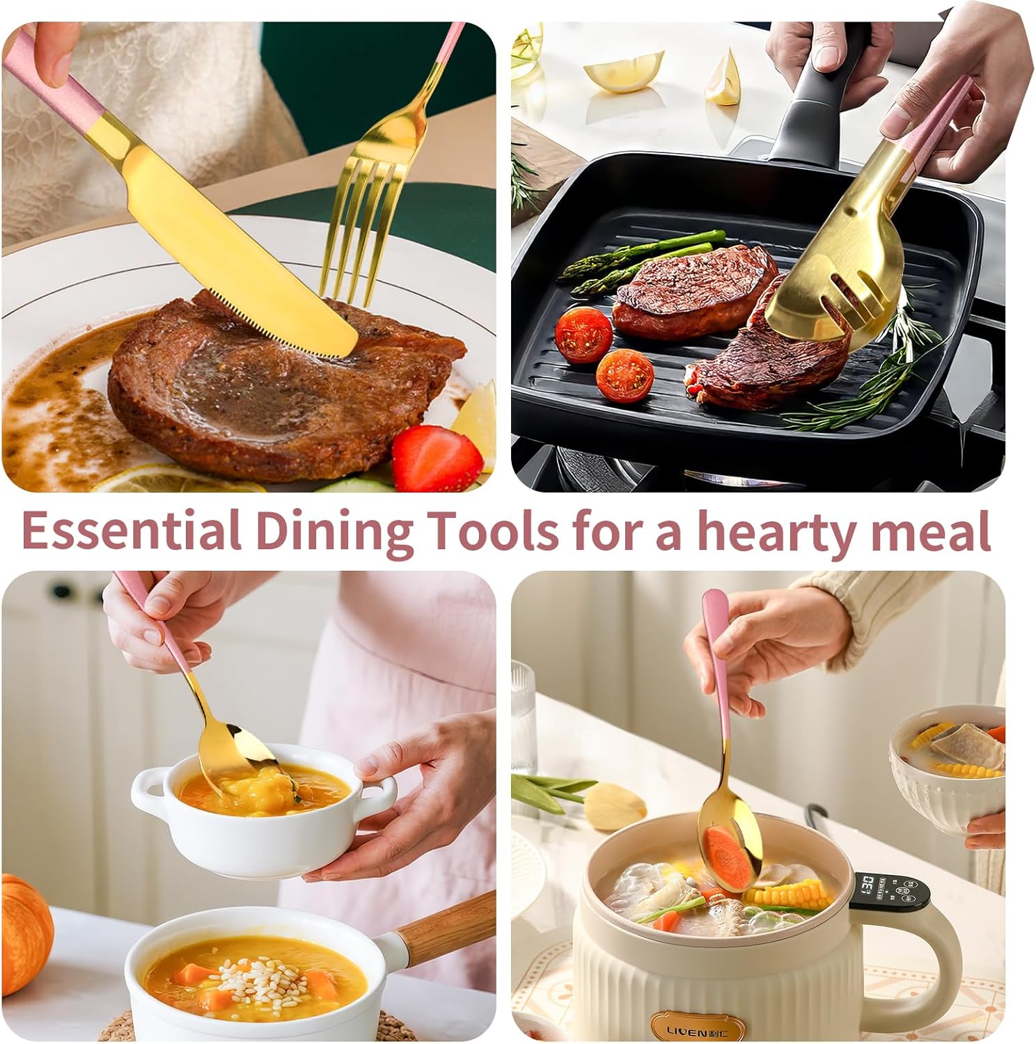 24-Piece Silverware Set with Organizer, Stainless Steel Flatware Set with Steak Knives, Include Spoons and Forks Set & Serving Utensils, Pink Cutlery Utensil Sets with Mirror Polished (Pink Gold)