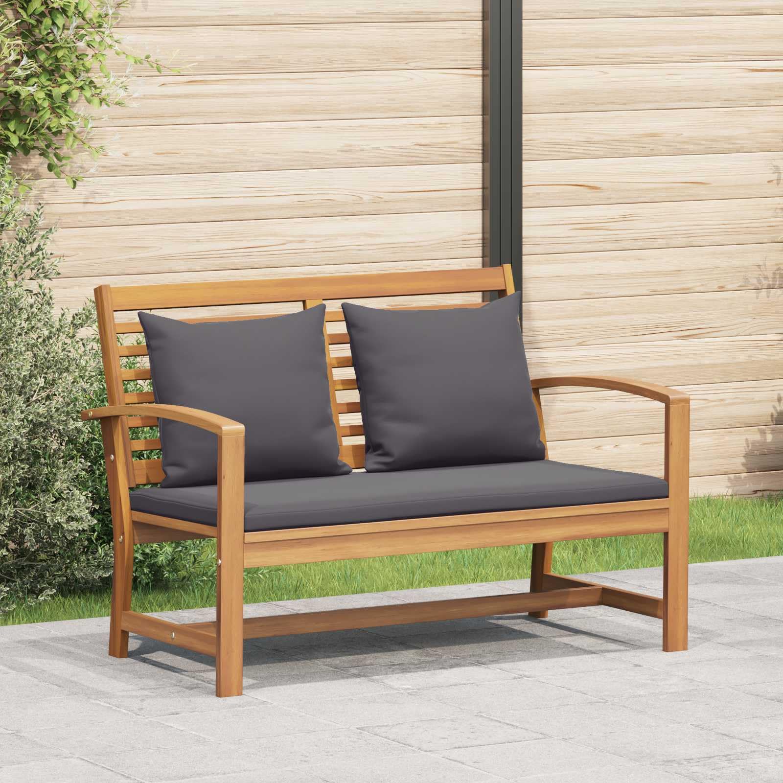 Set di mobili da giardino rettangolare in teak con imbottitura, 2 pezzi in legno massello teak per terrazza, panca da giardino e tovaglietta resistente alle intemperie