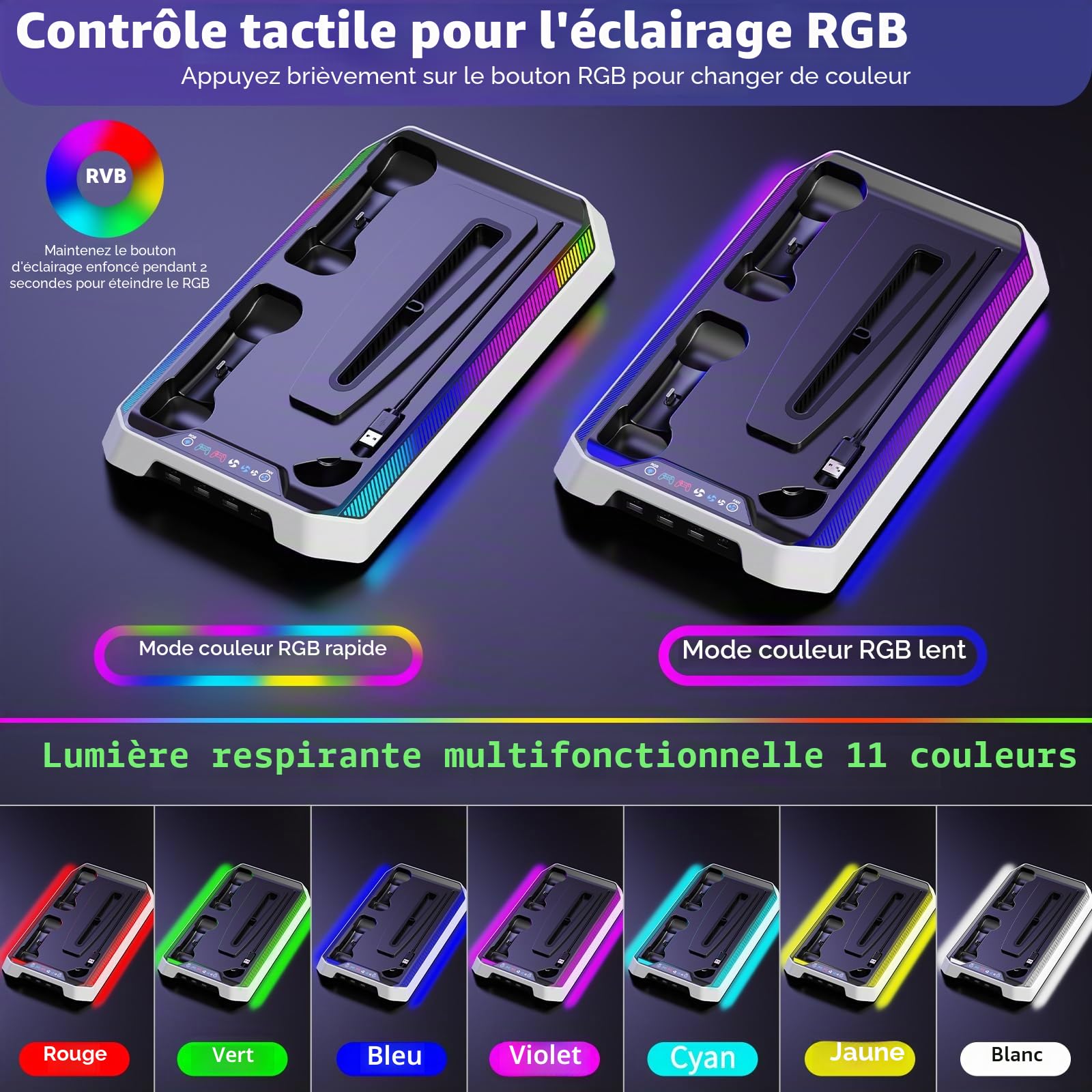 JORREPStation de recharge pour PS5/Slim/Pro et manettes Station de recharge pour console PS5 avec ventilateur de refroidissement, double chargeur de manettes,support de refroidissement