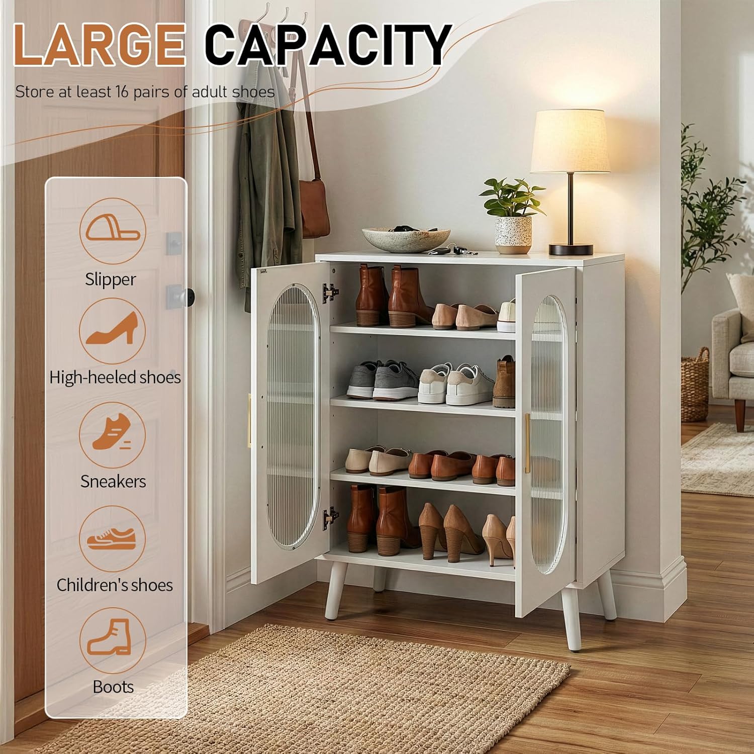 Karl home Tall Entryway Shoe Cabinet with Doors, 2-Door & 4-Tier Interior with USB LED Light 24-Key Adjustable, Black Particle Board & Polycarbonate Panel, Hidden Shoe Storage for Entryway，White