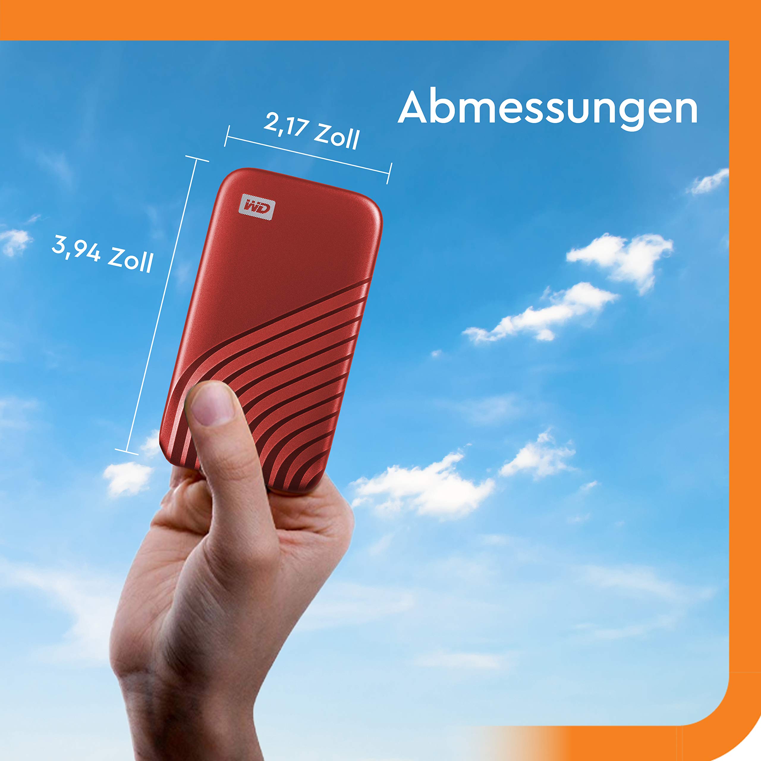 WD My Passport SSD 2 TB mobiler SSD Speicher (NVMe-Technologie, USB-C und USB 3.2 Gen-2 kompatibel, Lesen 1050 MB/s, Schreiben 1000 MB/s) Rot