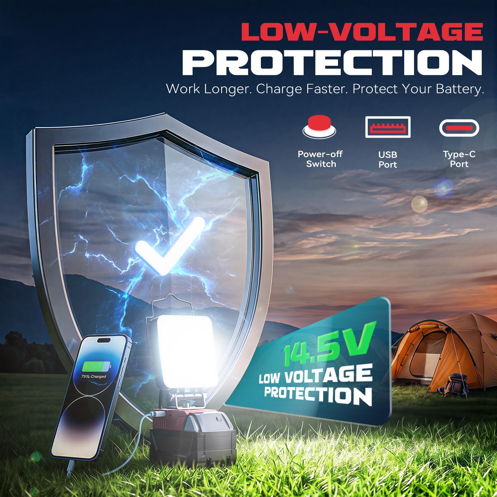 Luz de trabajo LED inalámbrica para batería Milwaukee de 18 V, luz de construcción de inundación portátil para taller, reparación de automóviles, al aire libre, garaje, 60 W, 6000 lúmenes con puerto