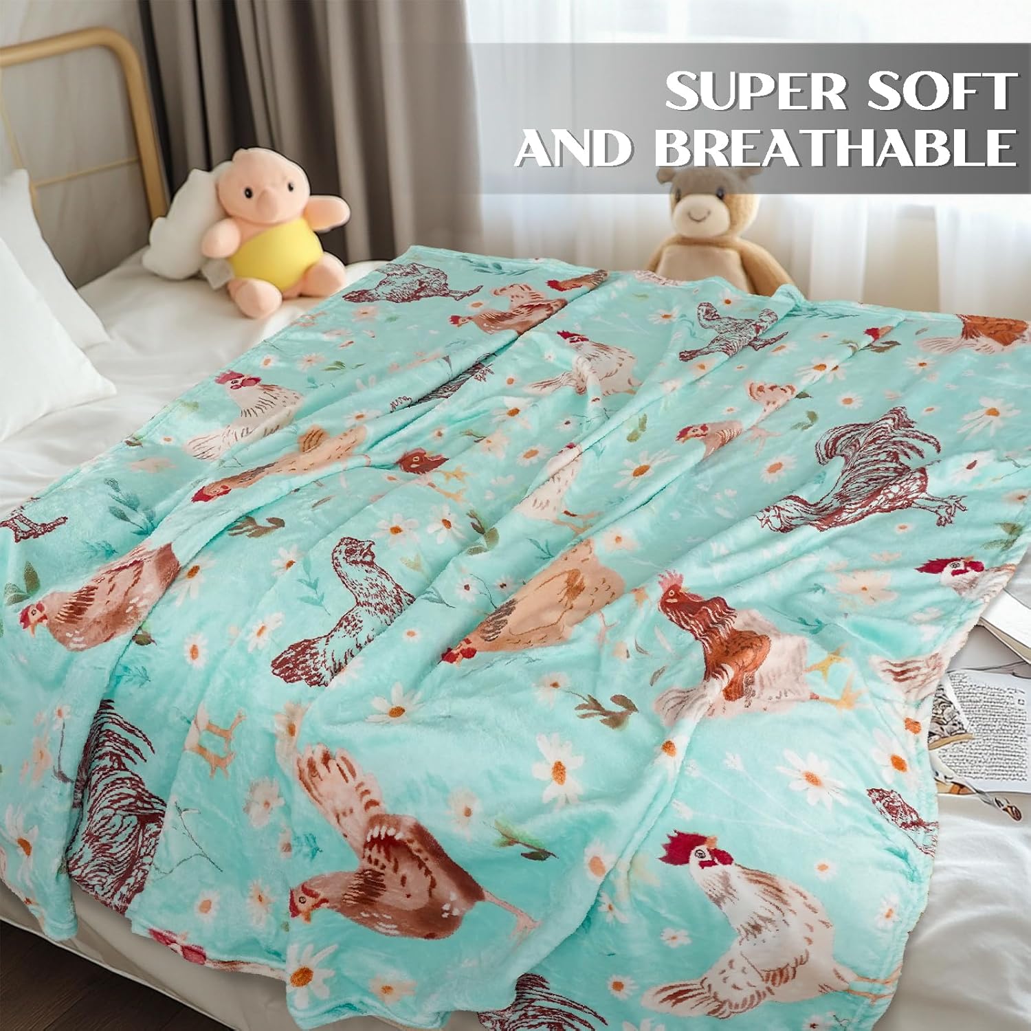 Chicken Blanket Gifts 50"*60" Flannel Plush Green Floral Daisy Rooster Throw Blankets Chickens Decor Stuff for Women Adults Kids - Image 2