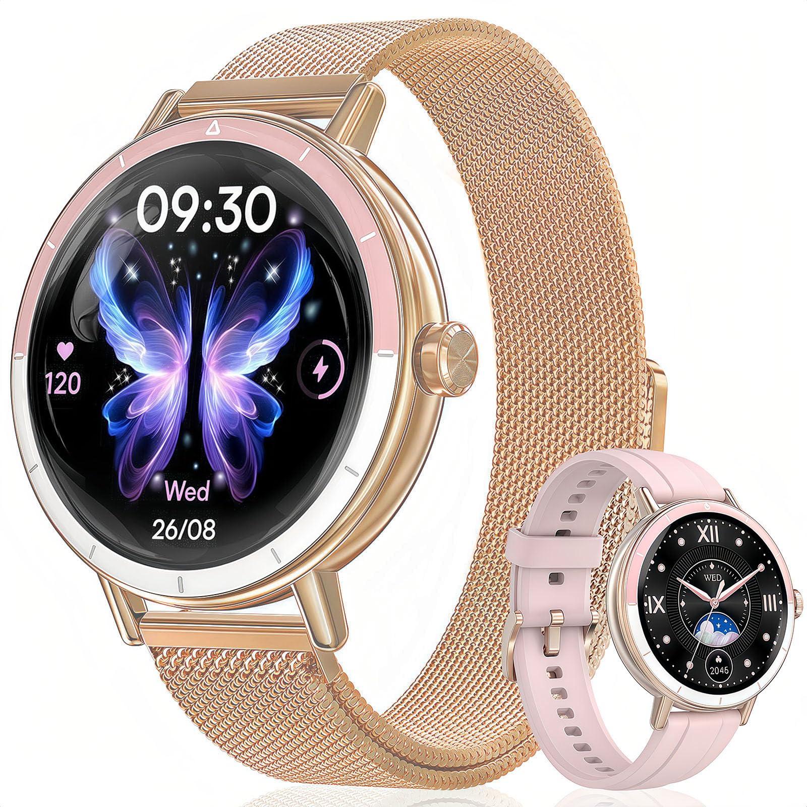 Reloj Inteligente Mujer, 1.27" Smartwatch Mujer con Llamadas, Función Femenina, Pulsometro, SpO2, Monitor Sueño, IP 68, 120+ Modos Deportes, Calorías, Podómetro, Fitness Tracker para Android iOS, Rosa