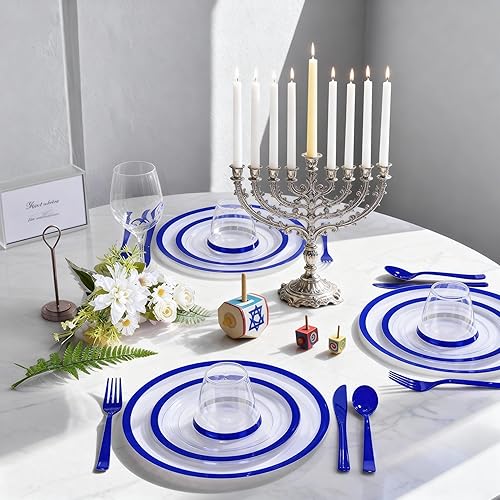 Miniatura 3 de I00000 350 platos de plástico azul oscuro, platos desechables transparentes para 50 invitados, vajilla azul incluye 50 platos llanos, 50 platos de