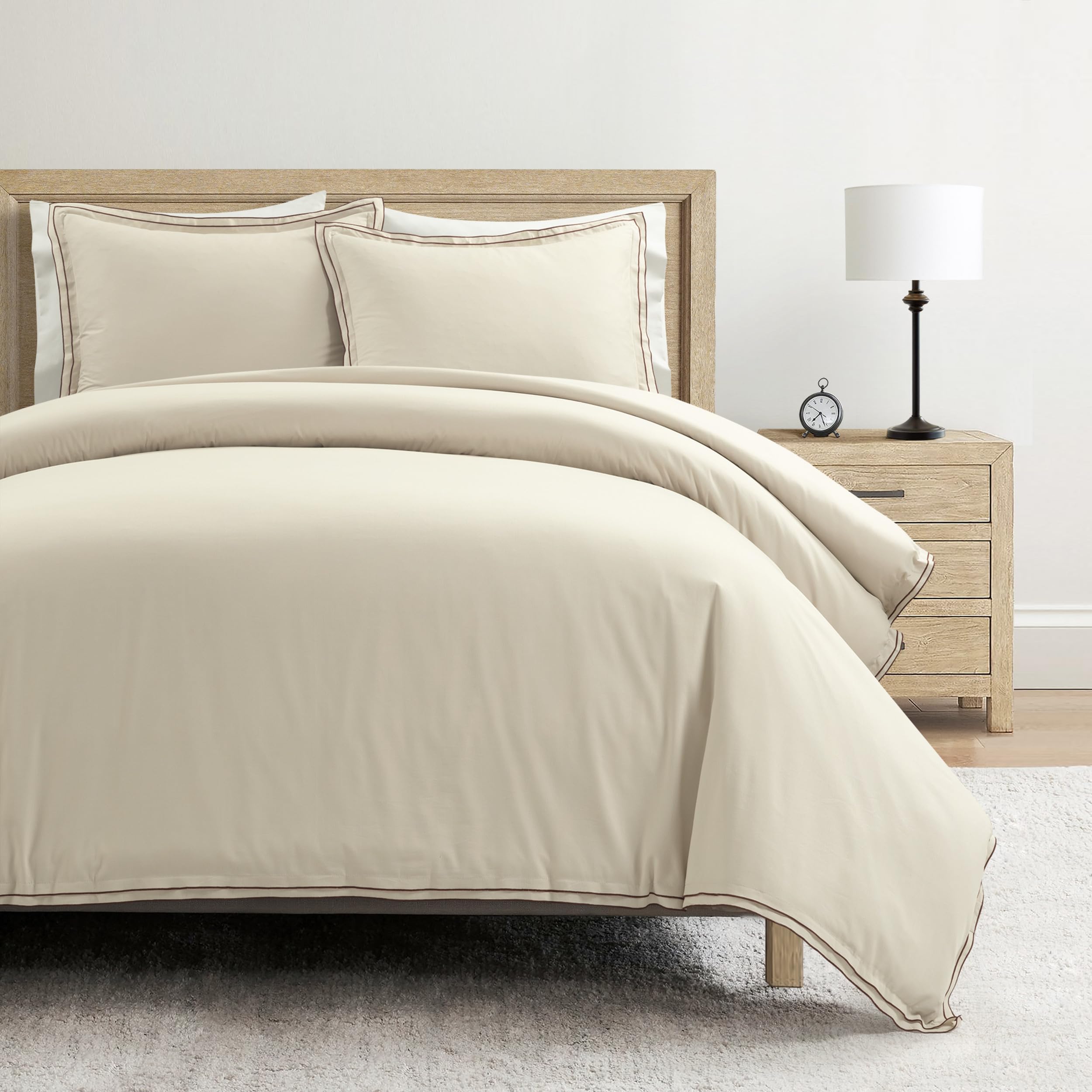 Hampton Double Flange Embroidered Contrast Edge Cotton Duvet Cover Set, 3 Piece Set, King, Neutral & Copper - Luxury Hotel Bedding Set - Beige Duvet Cover - Minimalist Decor