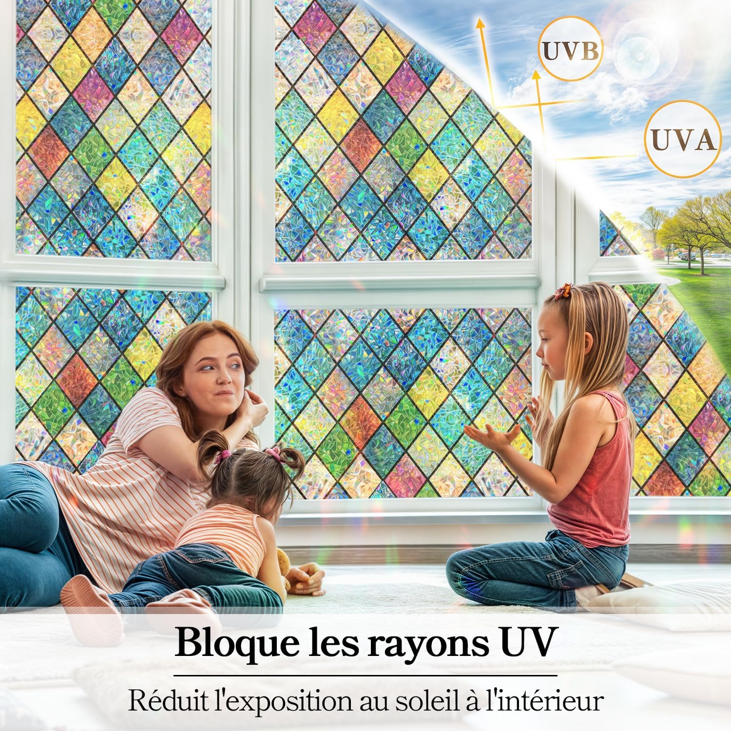 Qualsen Film Fenetre Anti Regard Effet Arc-en-Ciel 90 x 200cm, Film Electrostatique Vitre Motif en Losanges Anti UV Non Adhesif Films Vitrail Décoratif Brise Vue Fenetre pour Chambre Cuisine