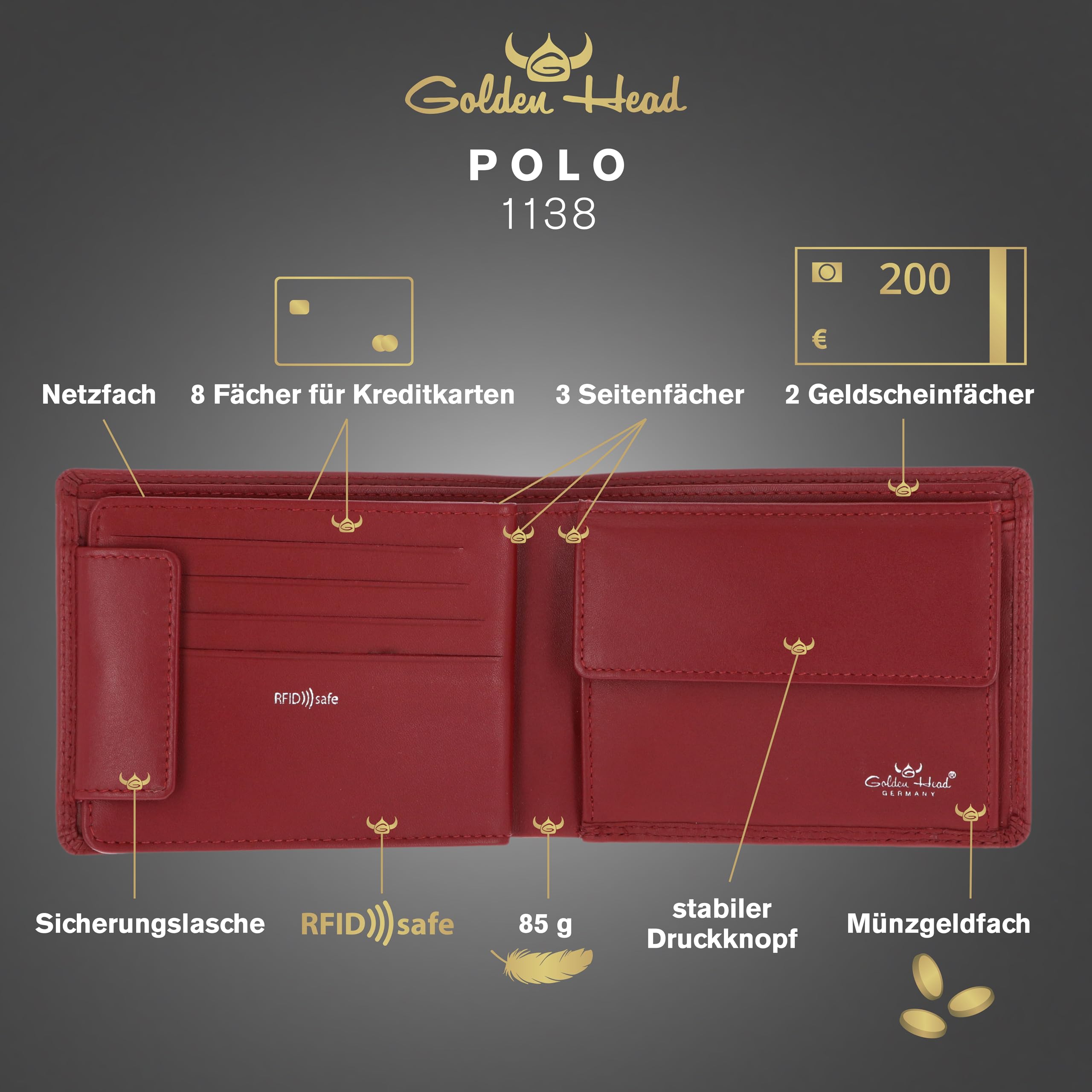 Golden Head Cuero Monedero Polo RFID Protect Scheintasche 1138 Rot Rojo Oscuro