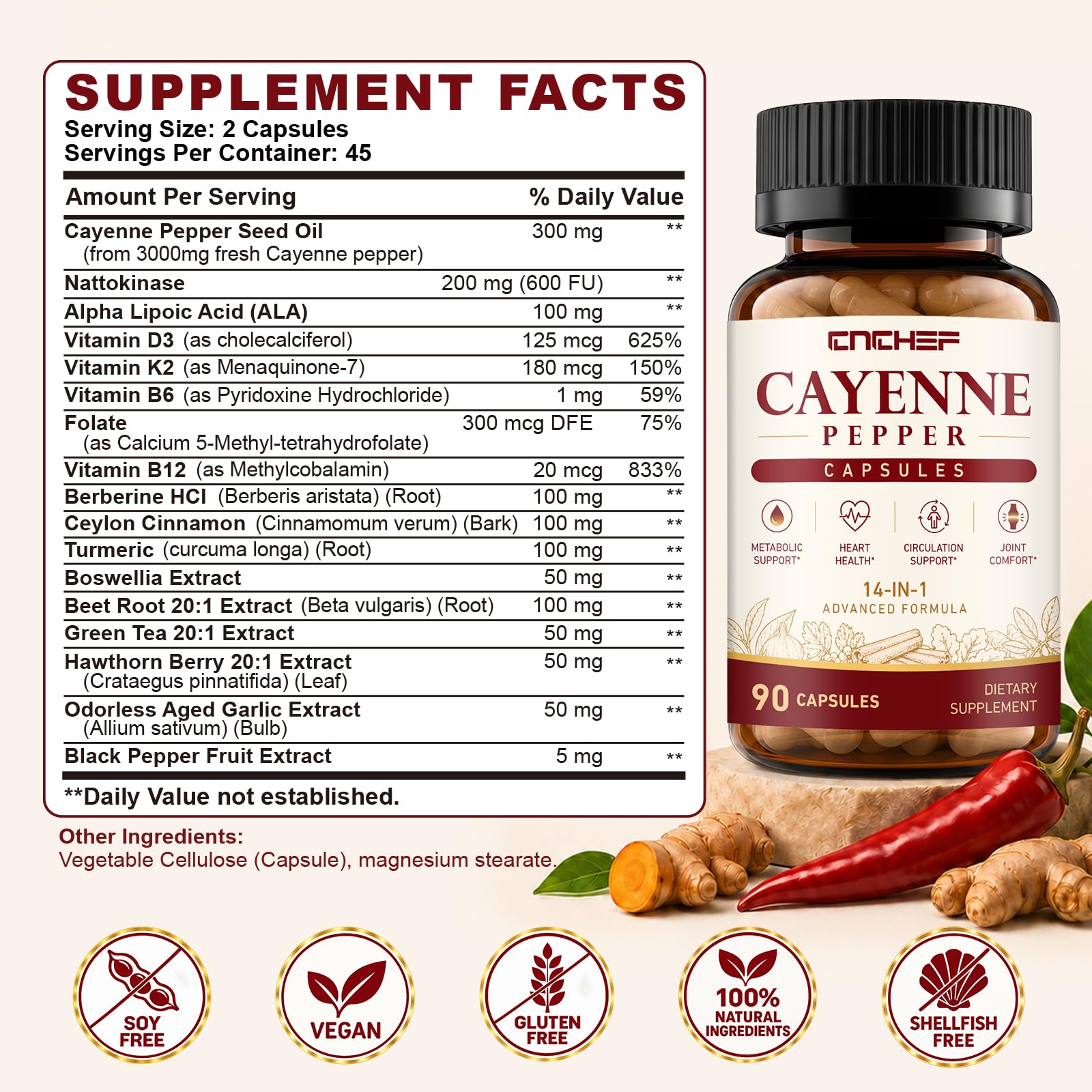 Cayenne Pepper Capsules with Nattokinase & Berberine, 14-in-1, 90 Capsules — Amazon image 7