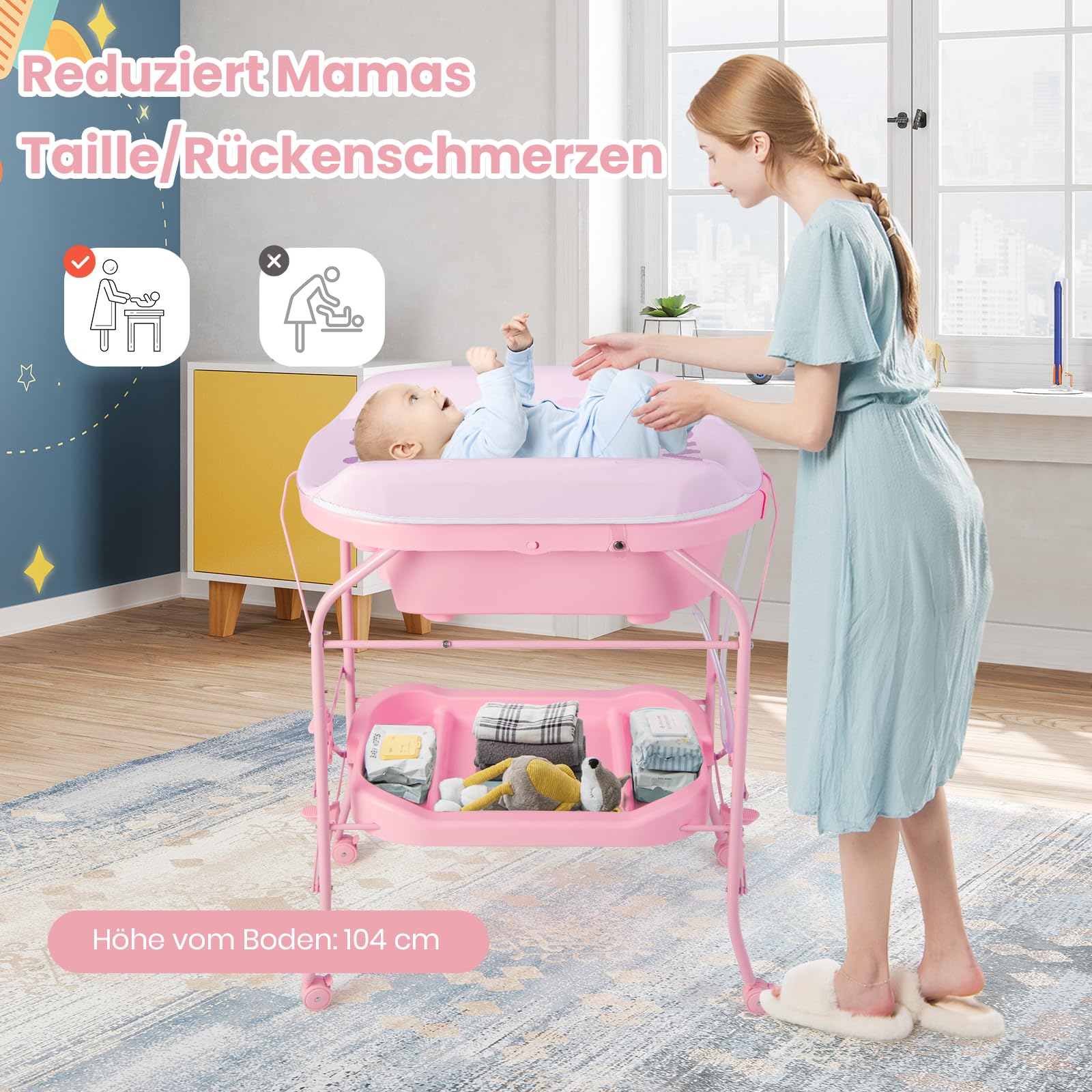COSTWAY 4 in 1 Wickeltisch klappbar mit Badewanne, tragbare Wickelkommode mit Wickelauflage, mobile Wickelstation mit Universalrädern für 0-12 Monate Baby, bis 35 kg belastbar (Rosa)