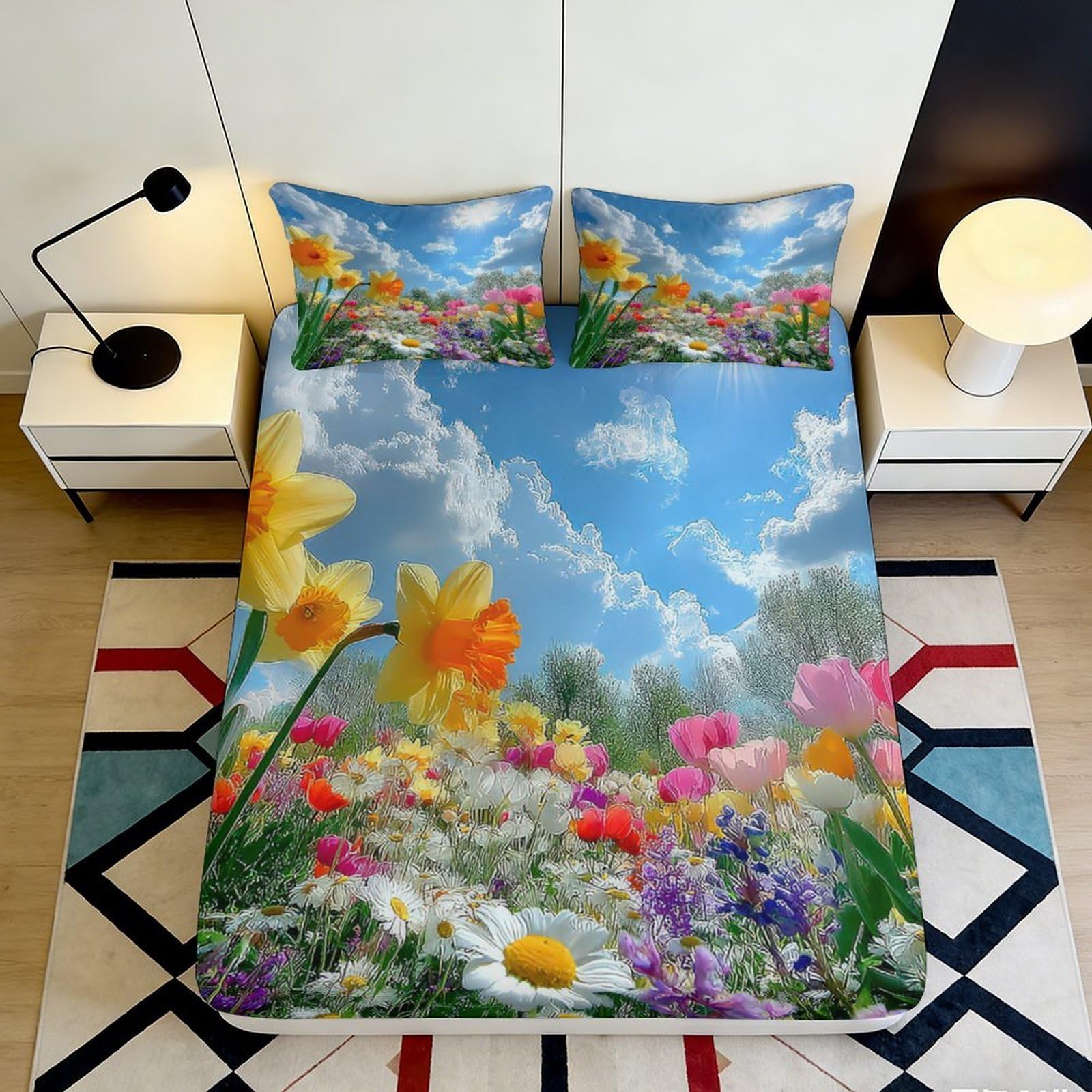 3D Printed Wildflower Meadow Fitted Sheet Microfiber Soft Sky Cloud Mattress Cover for Bedroom Guest Room Easy Care Decor 90x200x25cm
