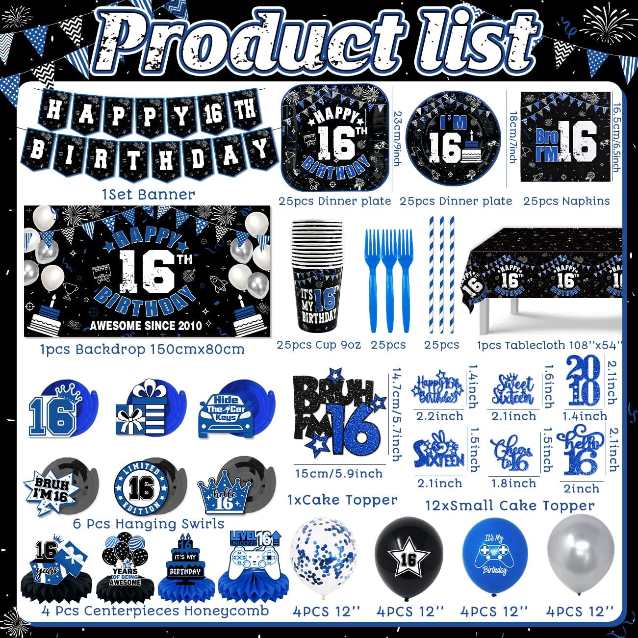16th Birthday Decorations for Boys Black and Blue Happy16th Birthday Plates and Napkins Tablecloth Banner Awesome Since 2010 Backdrop Hide The Car Keys Topper Balloons,Serve 25