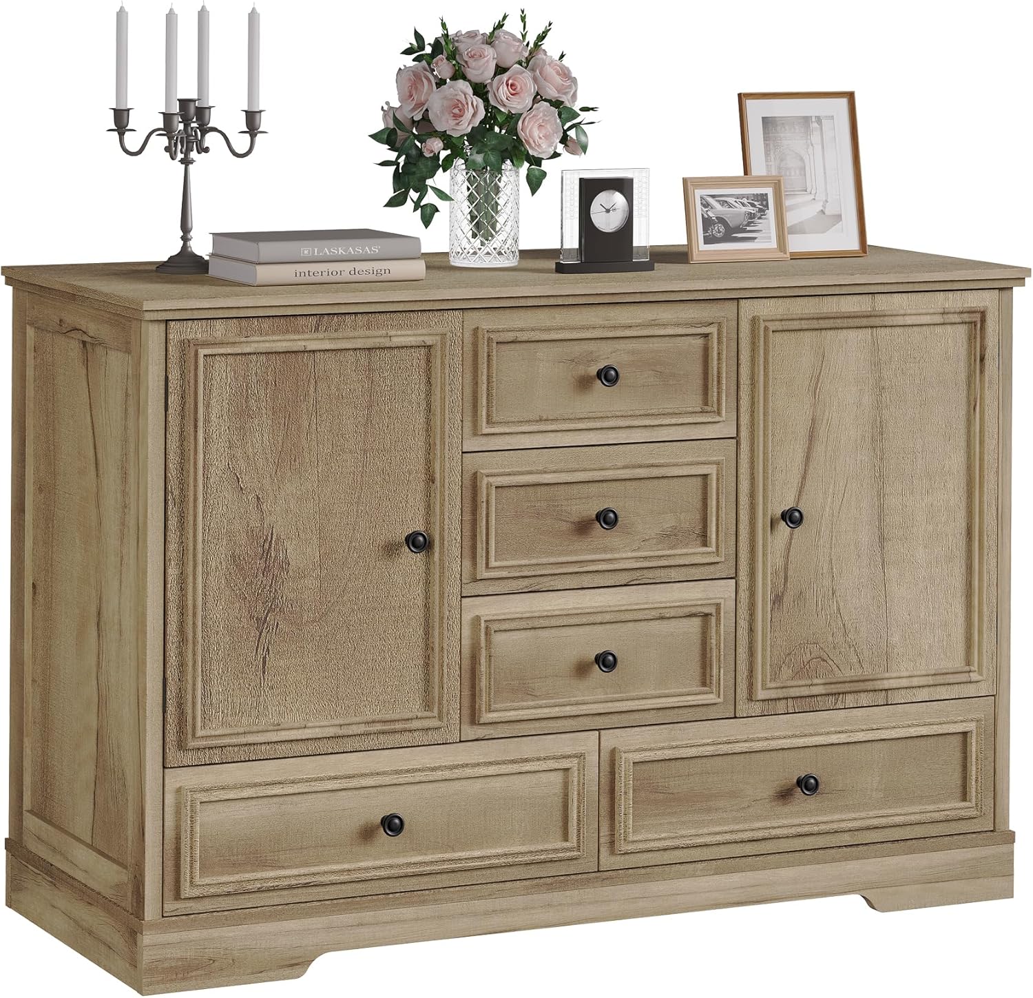 Garvee Farmhouse Sideboard Buffet Cabinet with 5 Drawers and 2 Doors, 47" Kitchen Storage Cabinet, Wood Coffee Bar Cabinet with Adjustable Shelves for Dining Room Living Room, Oak