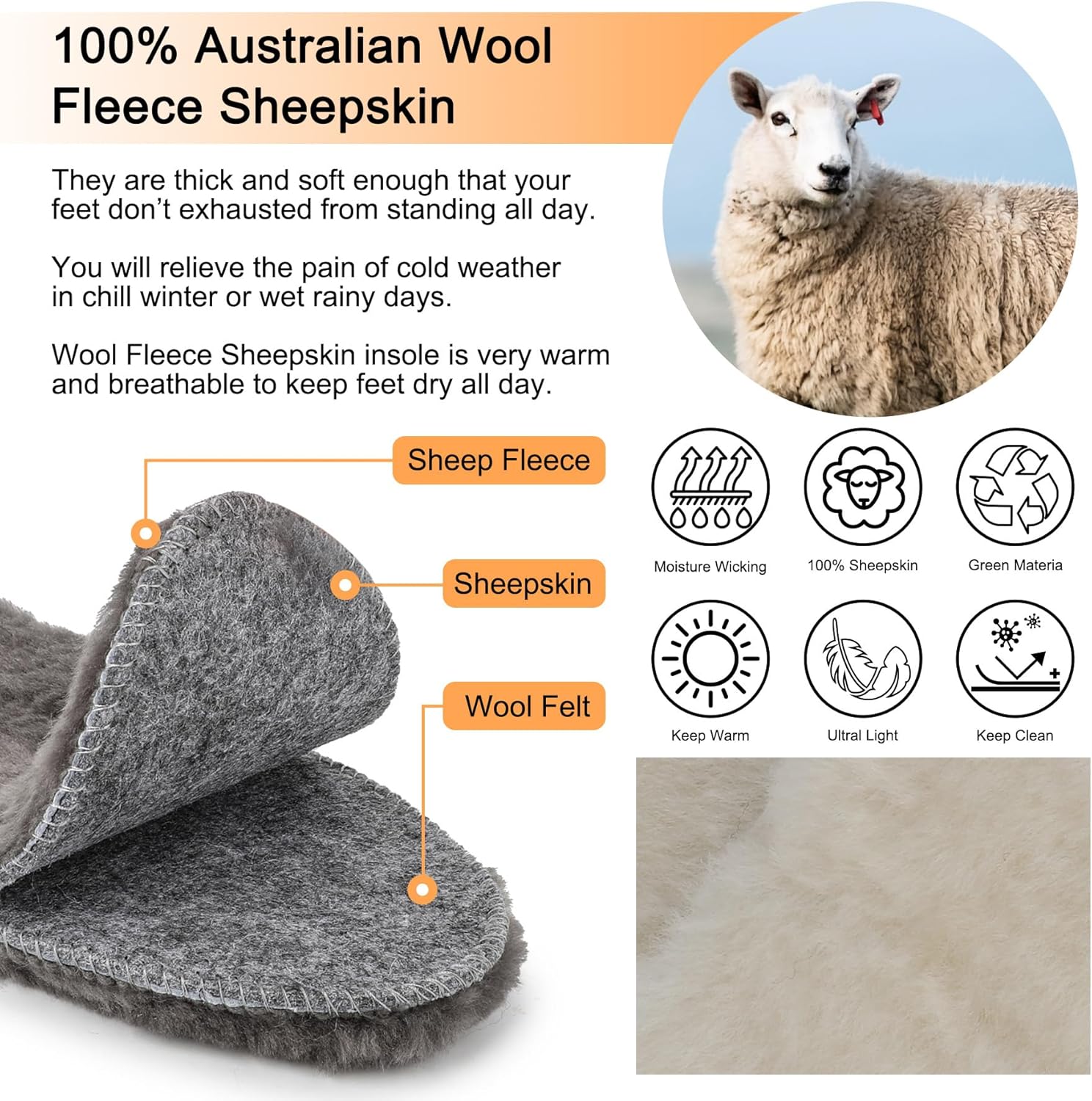 riemot Men's Genuine Sheepskin Insoles Premium Warm Thick Wool Fur Fleece Shoe Inserts Cozy & Fluffy Breathable Replacement Insole for Snow Boots Slippers Work Boot Grey EU42/US9 - Image 4