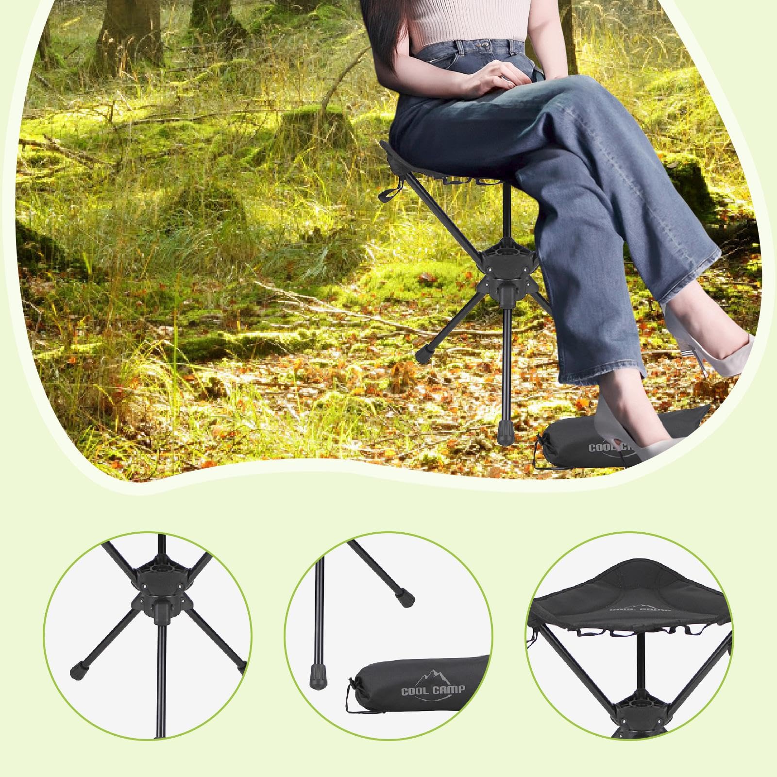 Tabouret Extérieur Siège Portable Chaise Tripode Pliable Aluminium Oxford Rotatif Léger avec Sac Rangement Adapté Camping Promenade Randonnée P