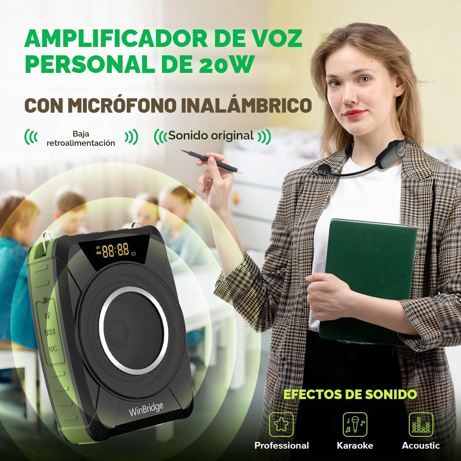 Amplificador de Voz Bluetooth 5.0 con Auriculares inalámbricos, micrófono Personal Impermeable, megáfono portátil de 20W de Potencia para Profesores, Exteriores e Interiores M801