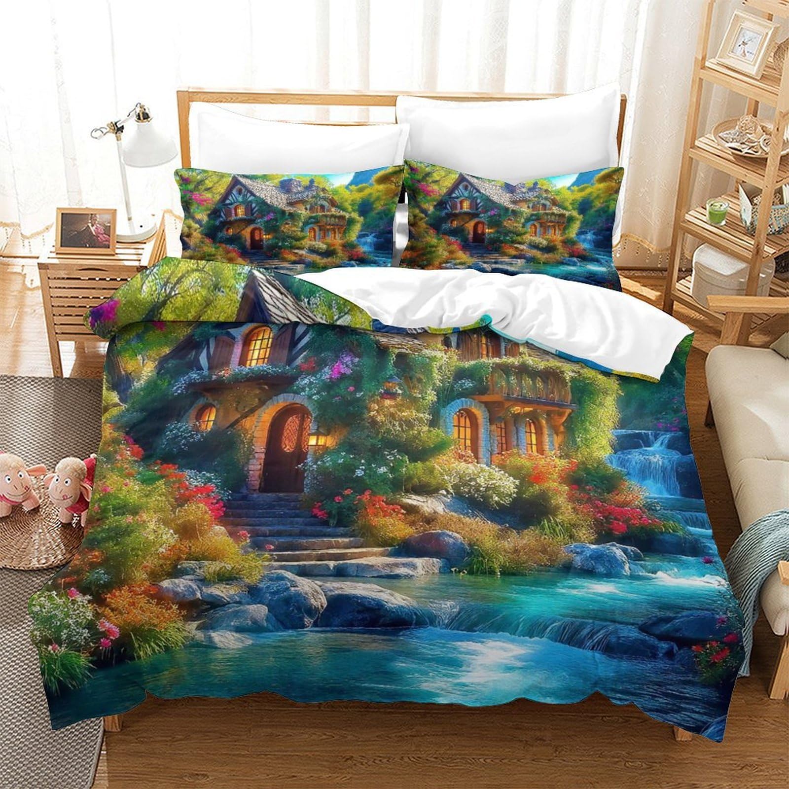 Housse de couette paysages ruraux 3D microfibre lit King 220x240 cm avec taie d'oreiller