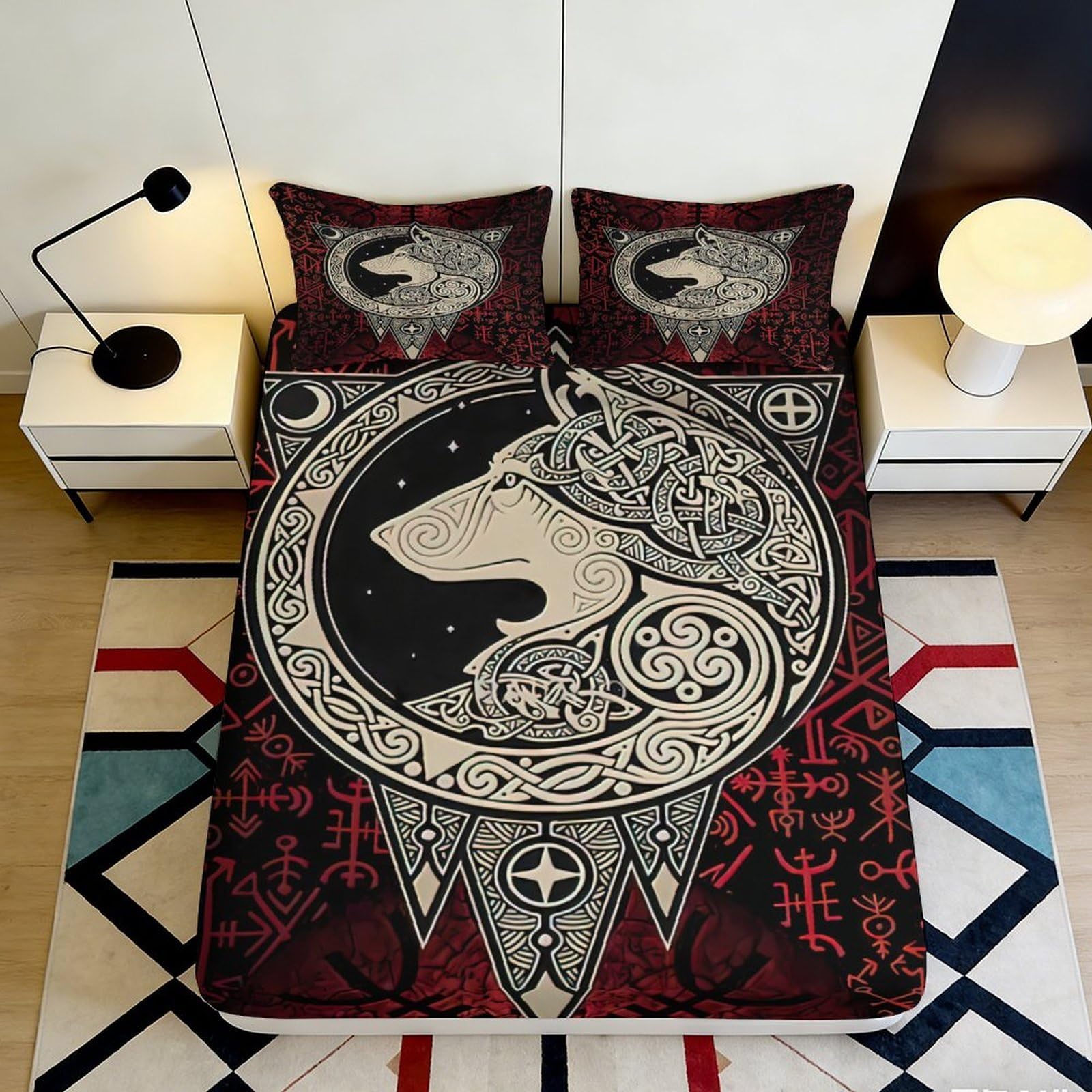 3D Printed Wolf Moon Fitted Sheet Microfiber Artistic Tribal Bed Cover for Bedroom Guest Room Mattress Protection Decor 90x200x25cm