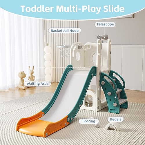 Miniatura 5 de Tobogán 6 en 1 para niños de 1 a 3 años, para interiores y exteriores, tobogán para bebés con aro de baloncesto, almacenamiento, escalador y