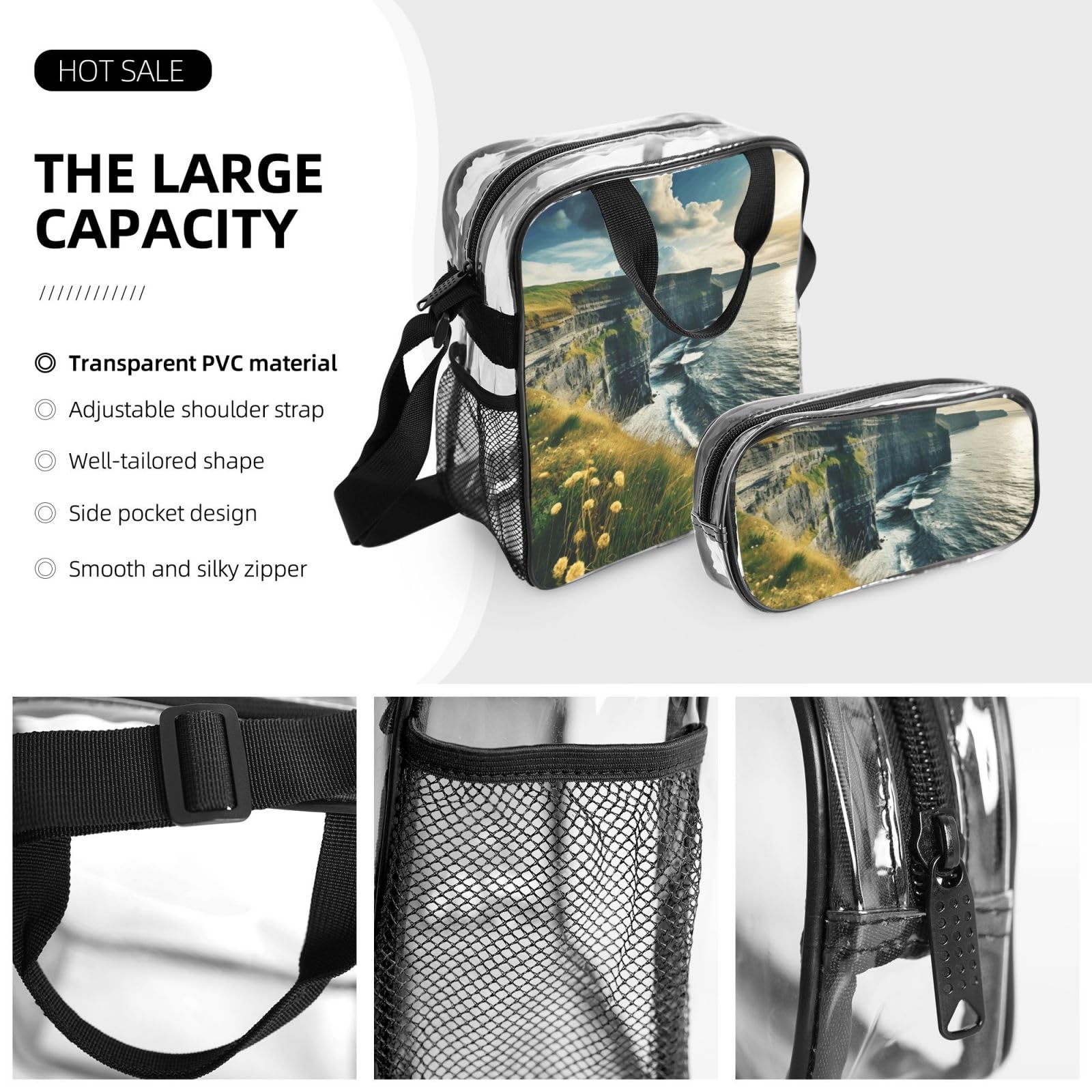 Ireland Outdoors County Clare The Cliffs Set zaino stampato 3 in 1 Set di borse trasparenti per scuola, lavoro, stadio, eventi e trasporto quotidiano