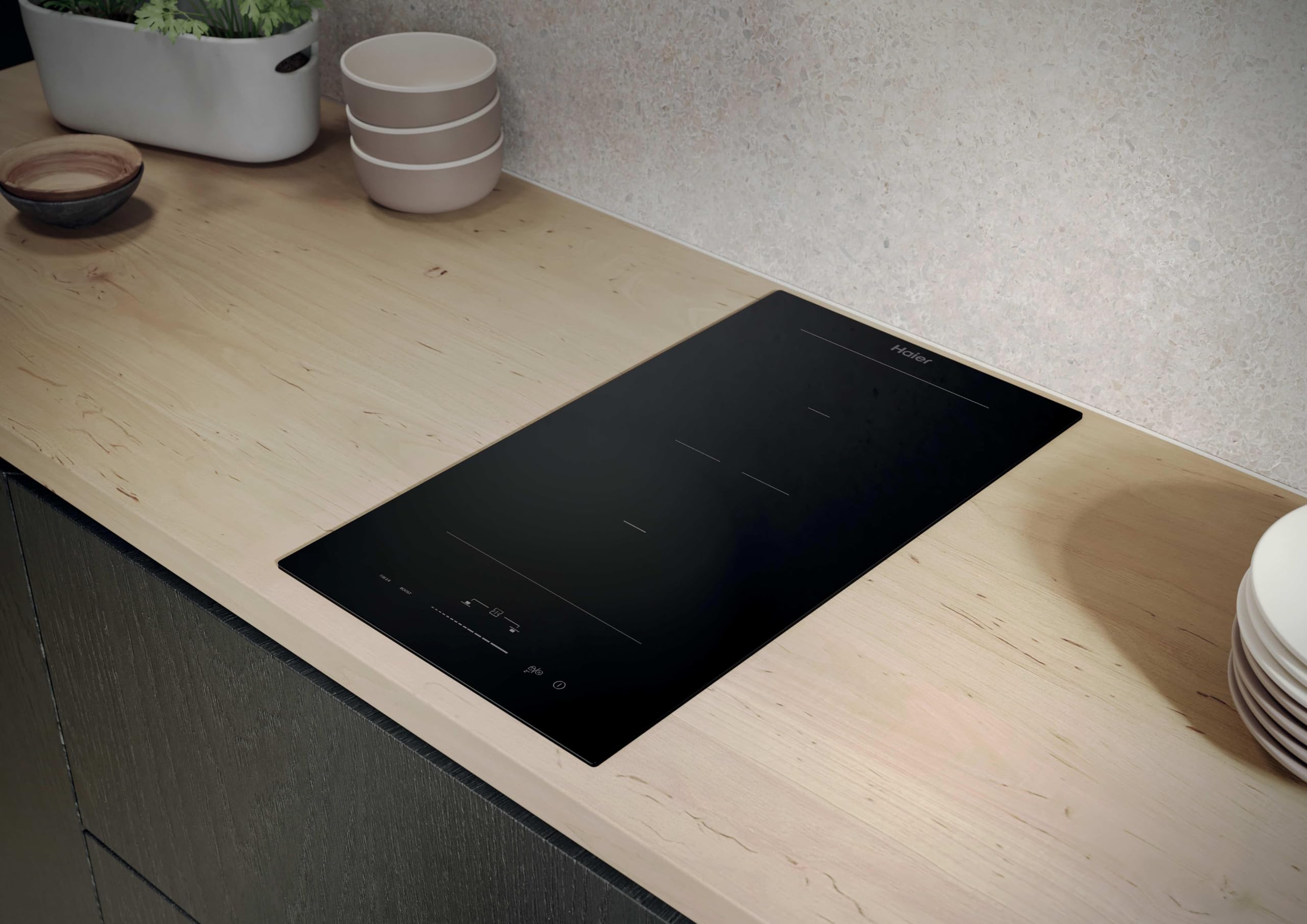 Haier Series 2 HAB32SC Placa de Inducción, 2 Zonas de Cocción, Ancho 30cm, Slider Central, Potencia de 3,6Kw, 9 niveles de potencia + Booster, Temporizador, Bloqueo Infantil, Negro