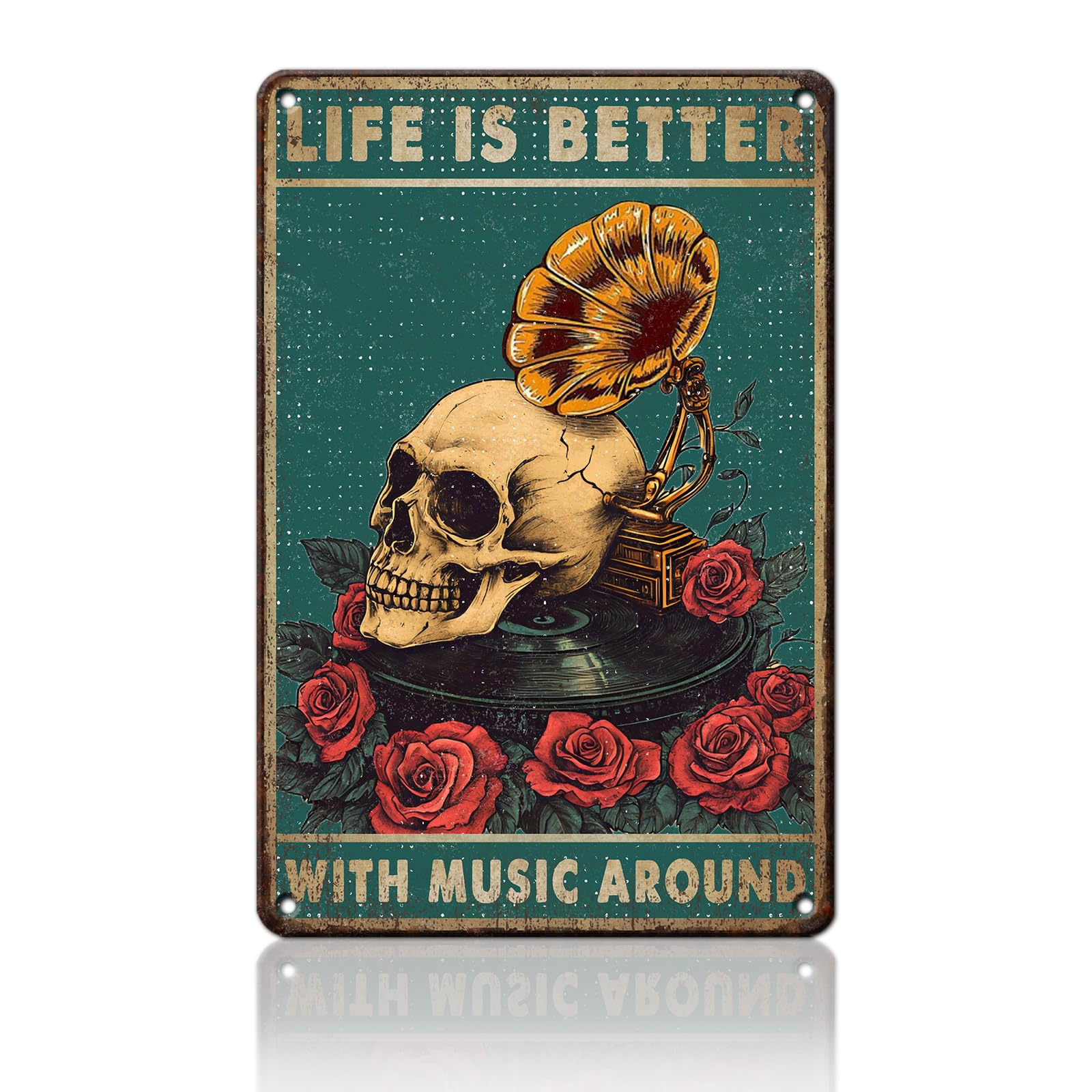 Anceky Life Is Better With Music Skull Tin Sign Funny Metal Sign Retro Wall Decor for Kitchen Yard Home Office Bar 12×16 Inch
