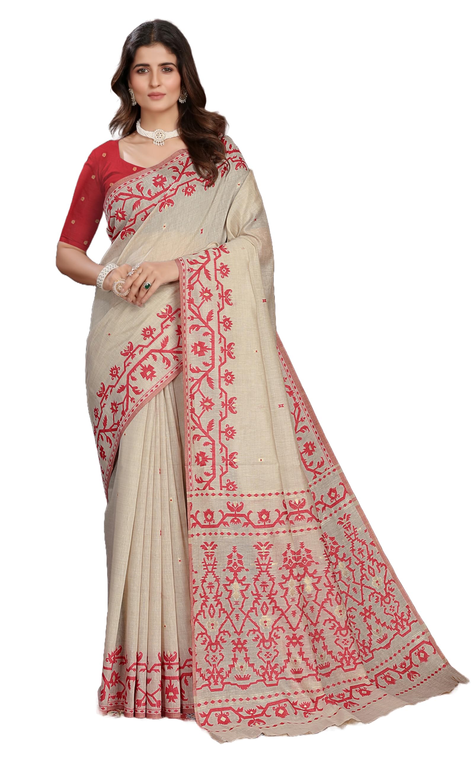 bengal looms india weaves of elegance Bengal Looms India Cotton Tantuja Inspired Traditional Karat Needle Nakshi Work Soft Jamdani Saree with Blouse Piece-picture-21