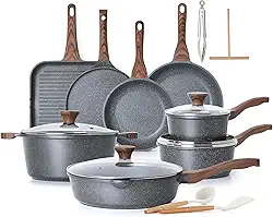 SENSARTE Conjunto de panelas antiaderentes de 23 peças, conjunto de panelas e frigideiras antiaderentes com revestimento de granito suíço, conjunto de cozinha saudável, alças para ficar fresco