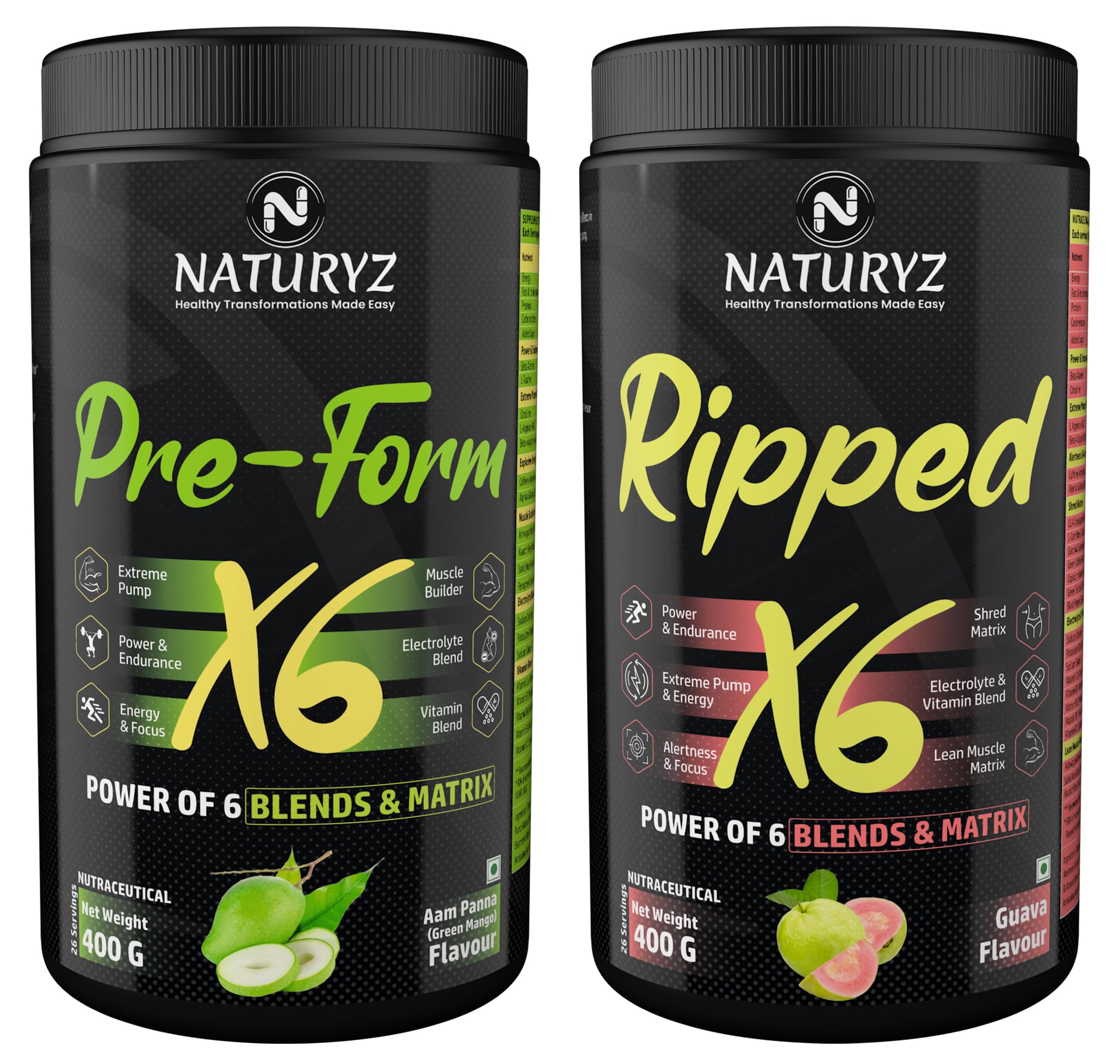 Naturyz Pre-Form X6 with Highest 19 Nutrients & Ripped X6 Pre Workout with Highest 24 Nutrients Pre Workout Supplimnet for Extreme Pump Power with Vitamins, Electrolytes, Lean Muscle builder