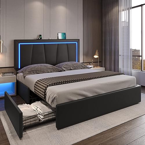 Miniatura 1 de DICTAC Base de cama LED Queen con 4 cajones y puertos USB, moderna plataforma tapizada con almacenamiento, cama de almacenamiento de piel sintética
