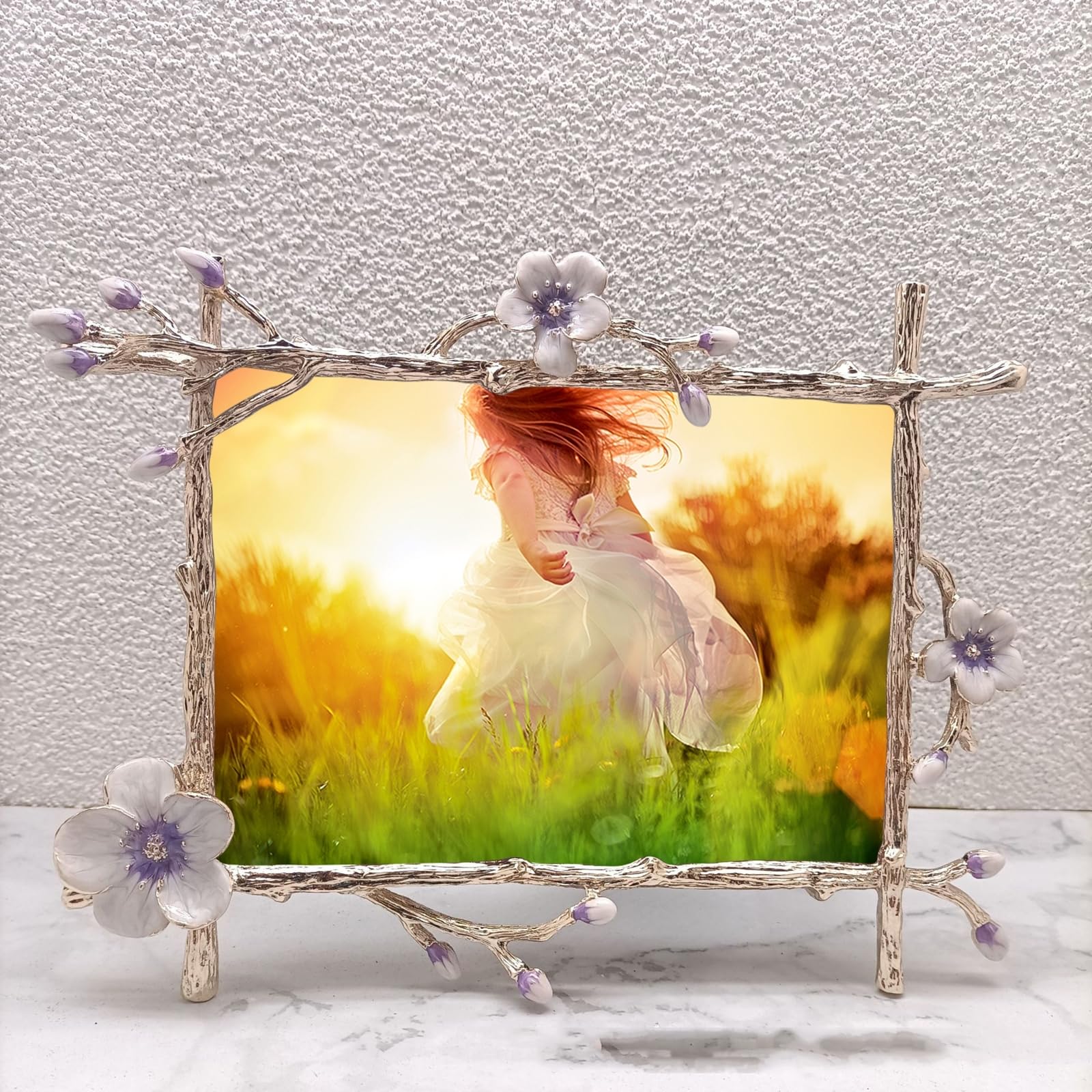 Kwiaty gałęzie stołowe ramki na zdjęcia złote 13 x 18 cm metal, złota ramka na zdjęcia do poziomego lub pionowego wyświetlania zdjęć, prostokątne